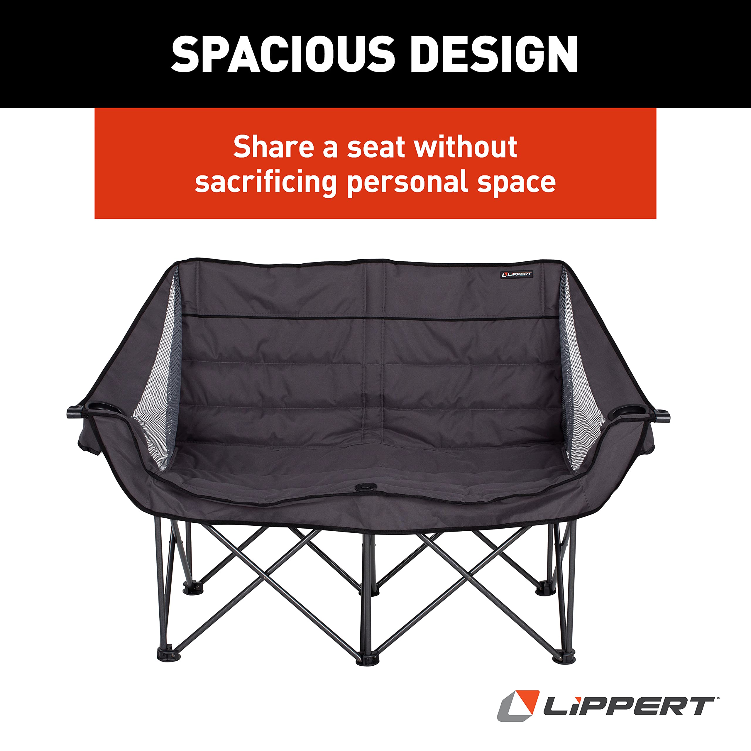 Lippert Folding Padded Loveseat for Camping - Portable Outdoor Recliner with Carry Bag, Dark Grey - Perfect for RV, Patio, Backyard & Picnic Use