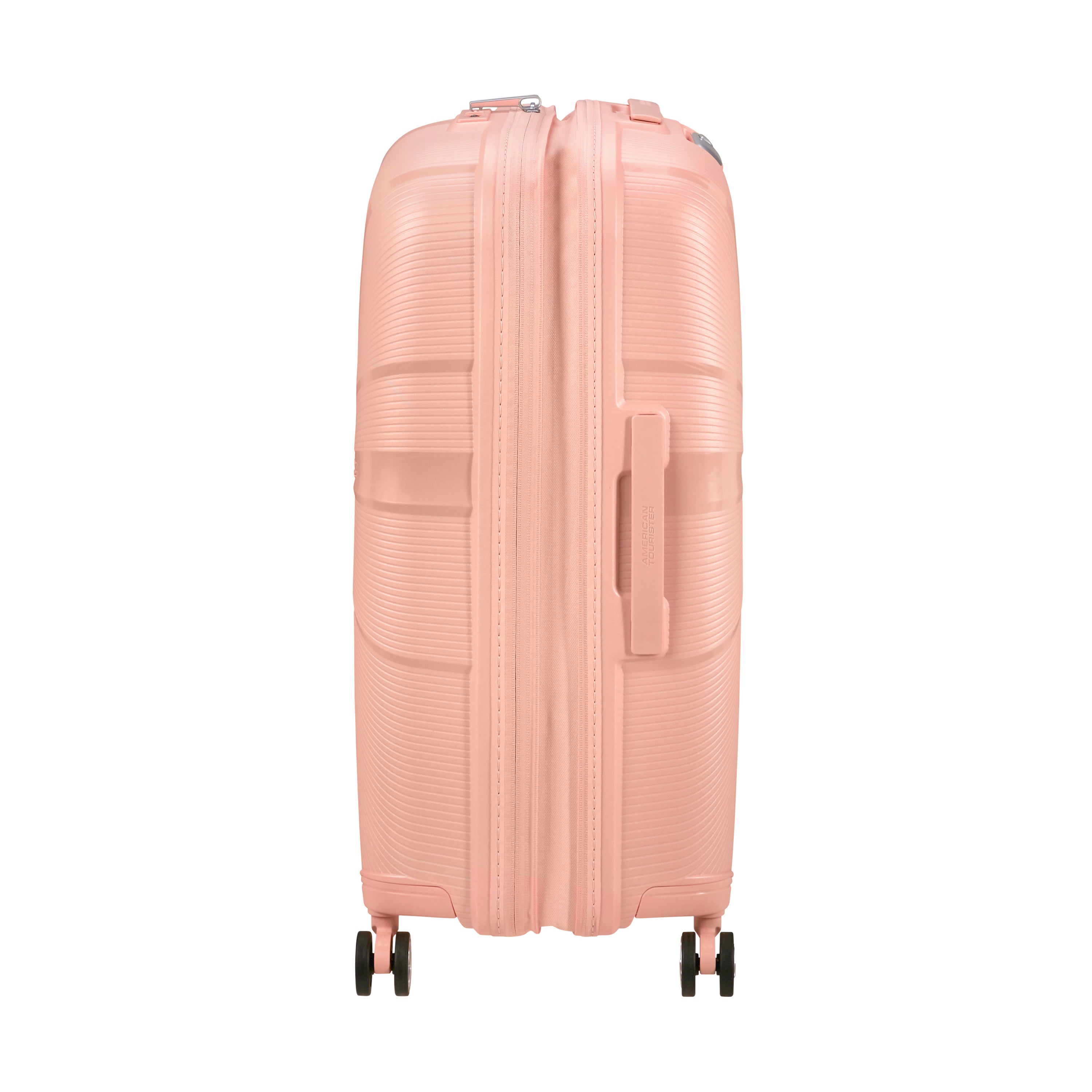 American Tourister StarVibe Spinner Medium Expandable Luggage - Metallic Peach | Lightweight Suitcase for Travel, Business Trips & Vacations | Durable Hardshell Carry-On with 360° Wheels