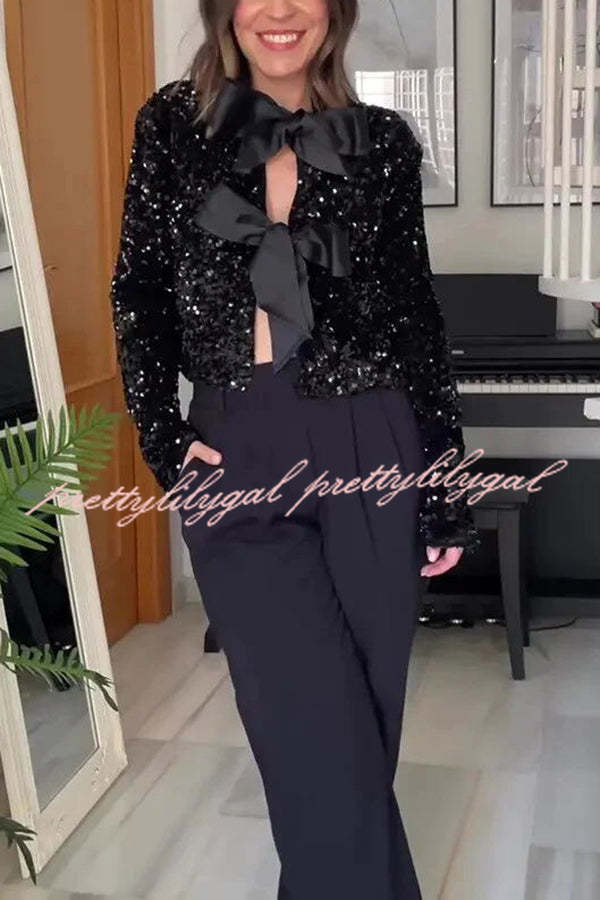 Elegant Tie-Front Bow Sequined Jacket for Women - Perfect for Parties & Date Nights | Two-Way Styling Options