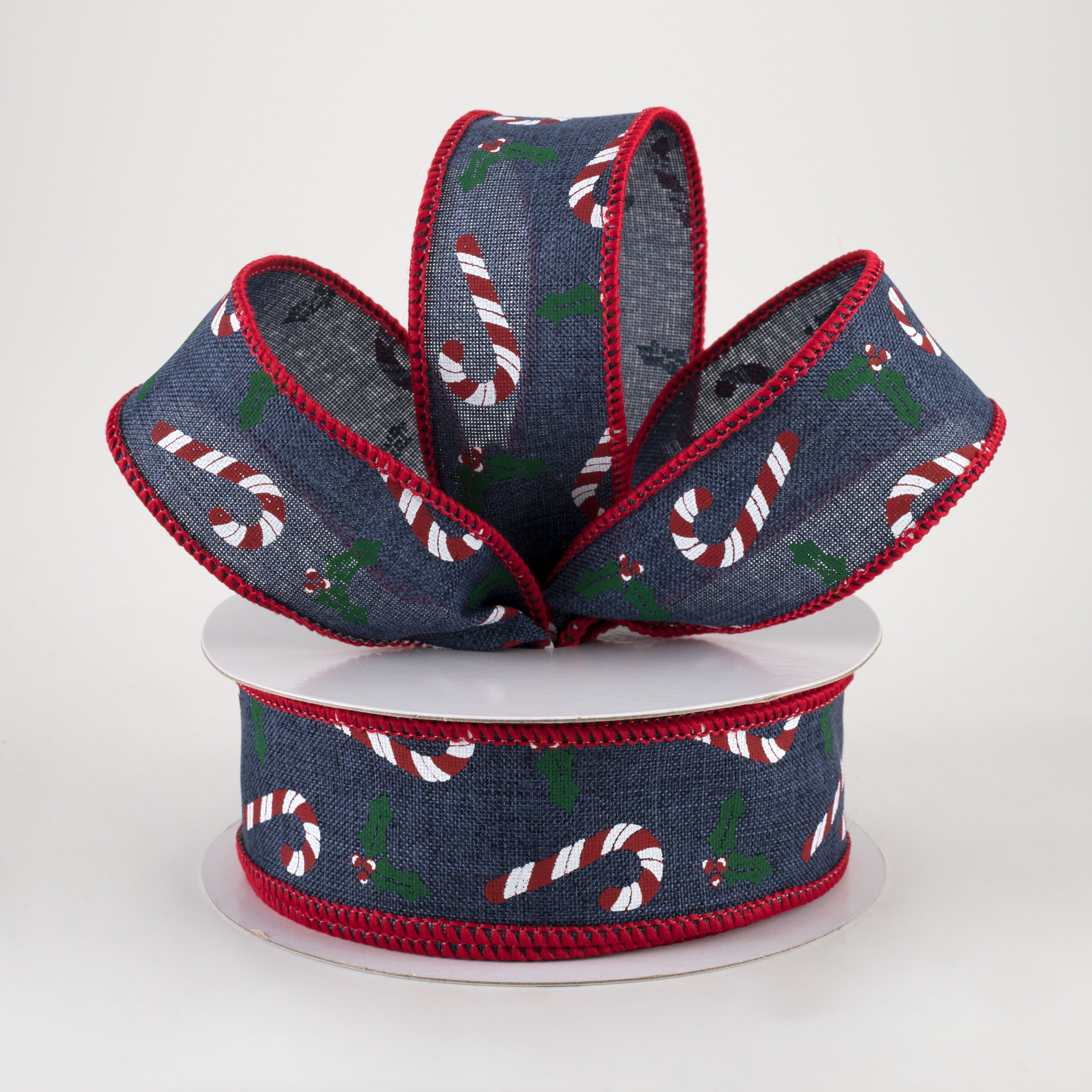 1.5 Inch Candy Canes & Holly Ribbon - Navy Blue Christmas Decorative Ribbon (10 Yards) for Gift Wrapping, Tree Trimming and Holiday Crafts