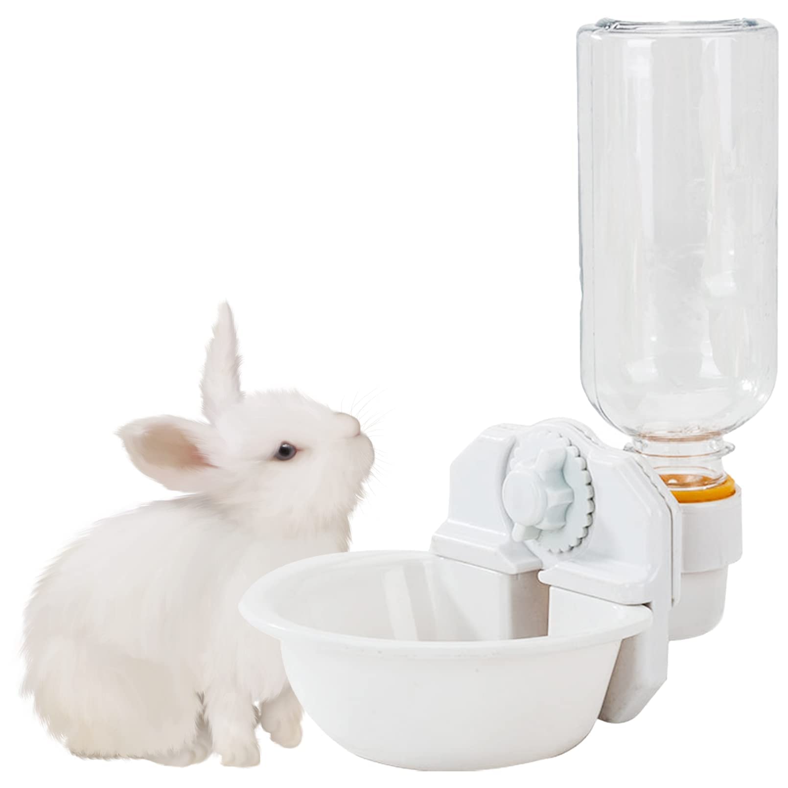 Kathson Automatic Rabbit Feeder & Water Dispenser - Hanging Plastic & Stainless Steel Pet Cage Bottle with Removable Bowl, Bolt Holder Set (White) - Perfect for Rabbit Cages, Hutches & Small Animal Coops