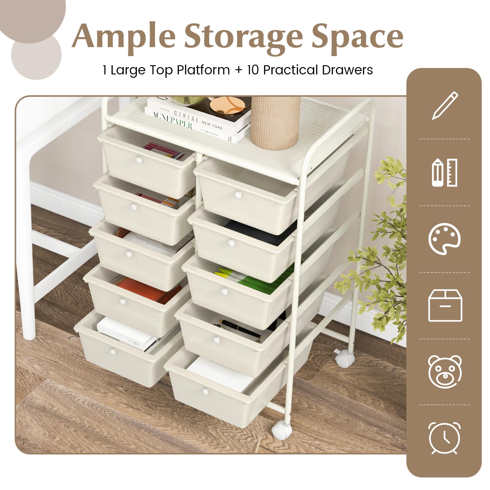 GOFLAME 10-Drawer Rolling Storage Cart with Wheels - Multipurpose Mobile Organizer for Art Supplies, Crafts, School, Office & Home Use - Ivory Utility Cart for Easy Storage & Organization