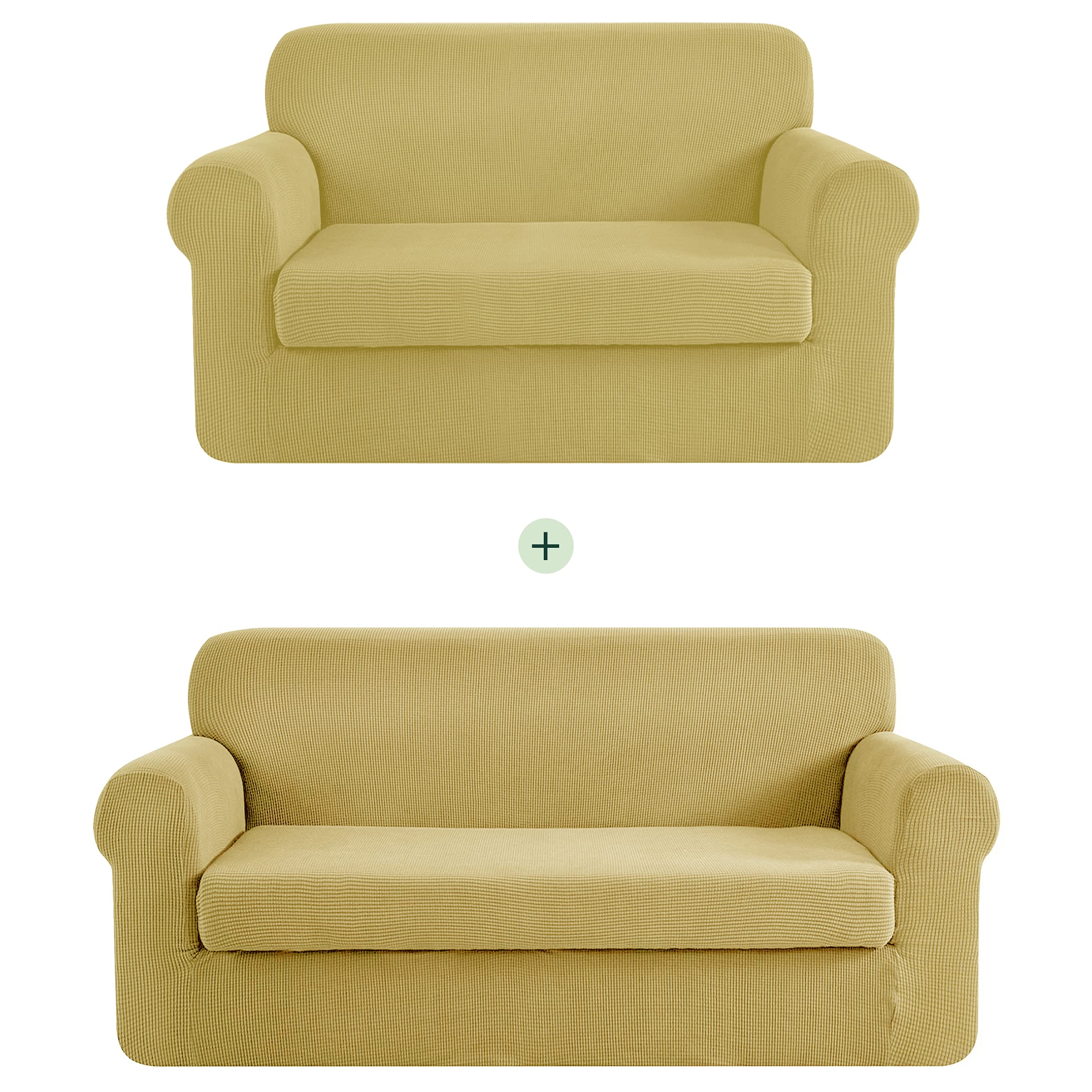 Stretch Sofa Slipcover Set - 2 Piece Jacquard Fabric Couch Cover for 2-3 Seater Sofa & Loveseat, Beige Checkered Design | Perfect for Living Room, Family Room & Home Decor Protection