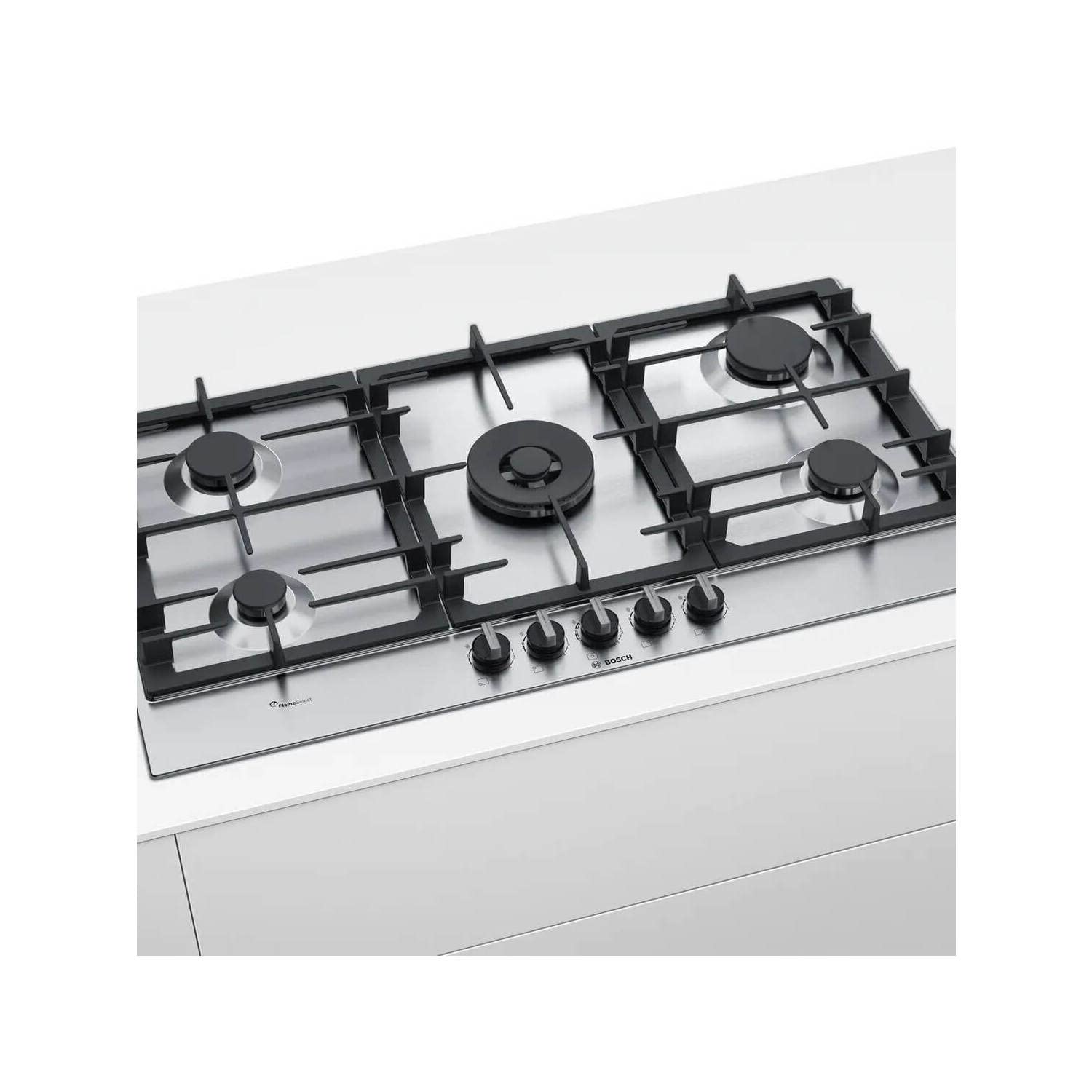Bosch PCR9A5B90 Serie 6 Gas Cooktop - 90cm Stainless Steel with Cast Iron Grates, 9-Power FlameSelect & WOK Burner for Professional Cooking | Perfect for Home Kitchens & Asian Cuisine