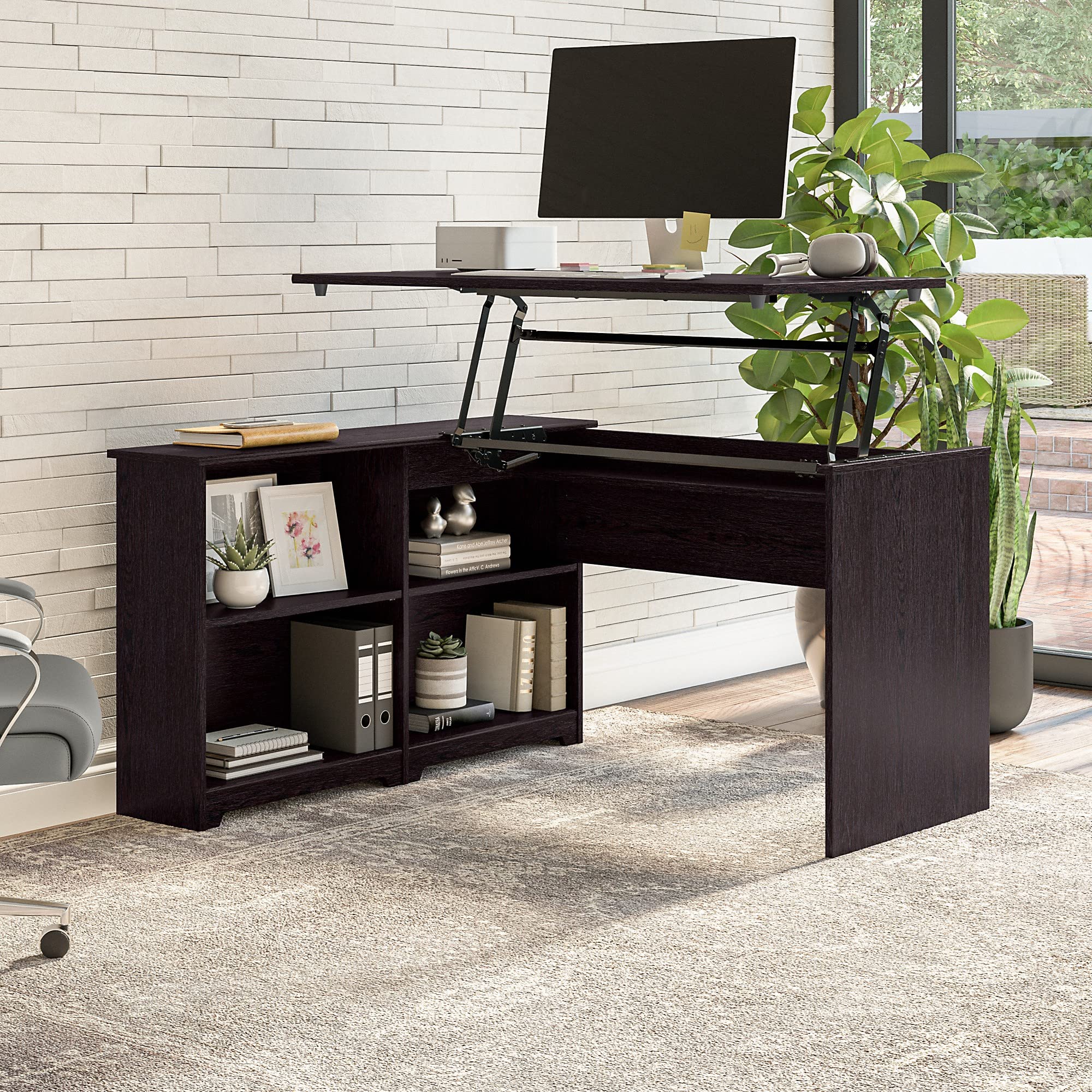 Bush Furniture Cabot 52W 3-Position Adjustable Height Sit to Stand Corner Desk with Shelves in Espresso Oak - Perfect for Home Office, Small Spaces & Ergonomic Workstations