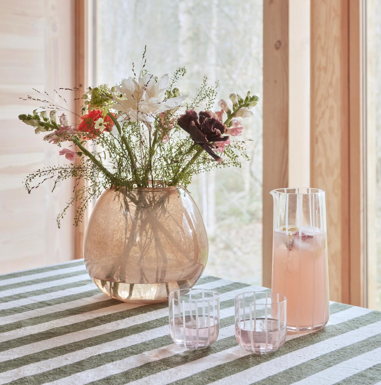 OYOY Striped Tablecloth 260x140cm Olive Green - Waterproof & Washable Dining Table Cover for Kitchen, Party, Outdoor Picnic