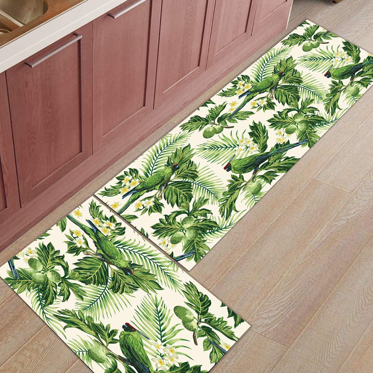 Anti-Fatigue Kitchen Floor Mats Set - 2 Pack Non-Slip Waterproof Cushioned Standing Mats with Tropical Palm Leaves Design (23.6x35.4in + 23.6x70.9in) for Comfortable Cooking, Dishwashing & Food Prep Areas