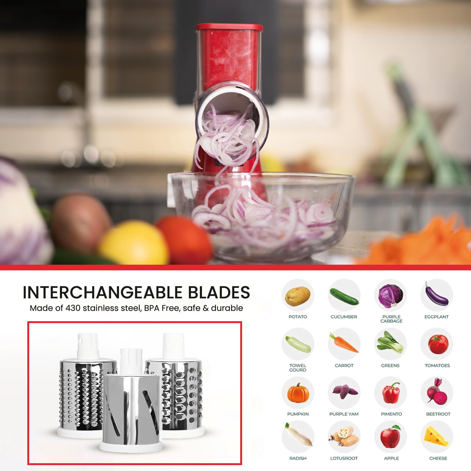 Premium Rotary Cheese Grater Set - 3-Blade Hand Crank Shredder with Suction Base, Cheese Knife, Peeler & Cleaning Brush - Perfect for Parmesan, Mozzarella & Vegetables (Red) - Ideal for Kitchen, Camping & Party Food Prep