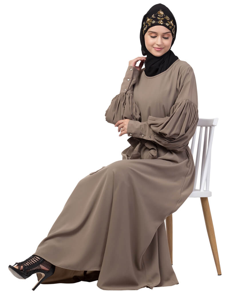 Elegant Arabic Long Cuff Full Balloon Sleeve Belted A-Line Abaya Dress in Khaki - Perfect for Modest Fashion, Islamic Prayer & Special Occasions