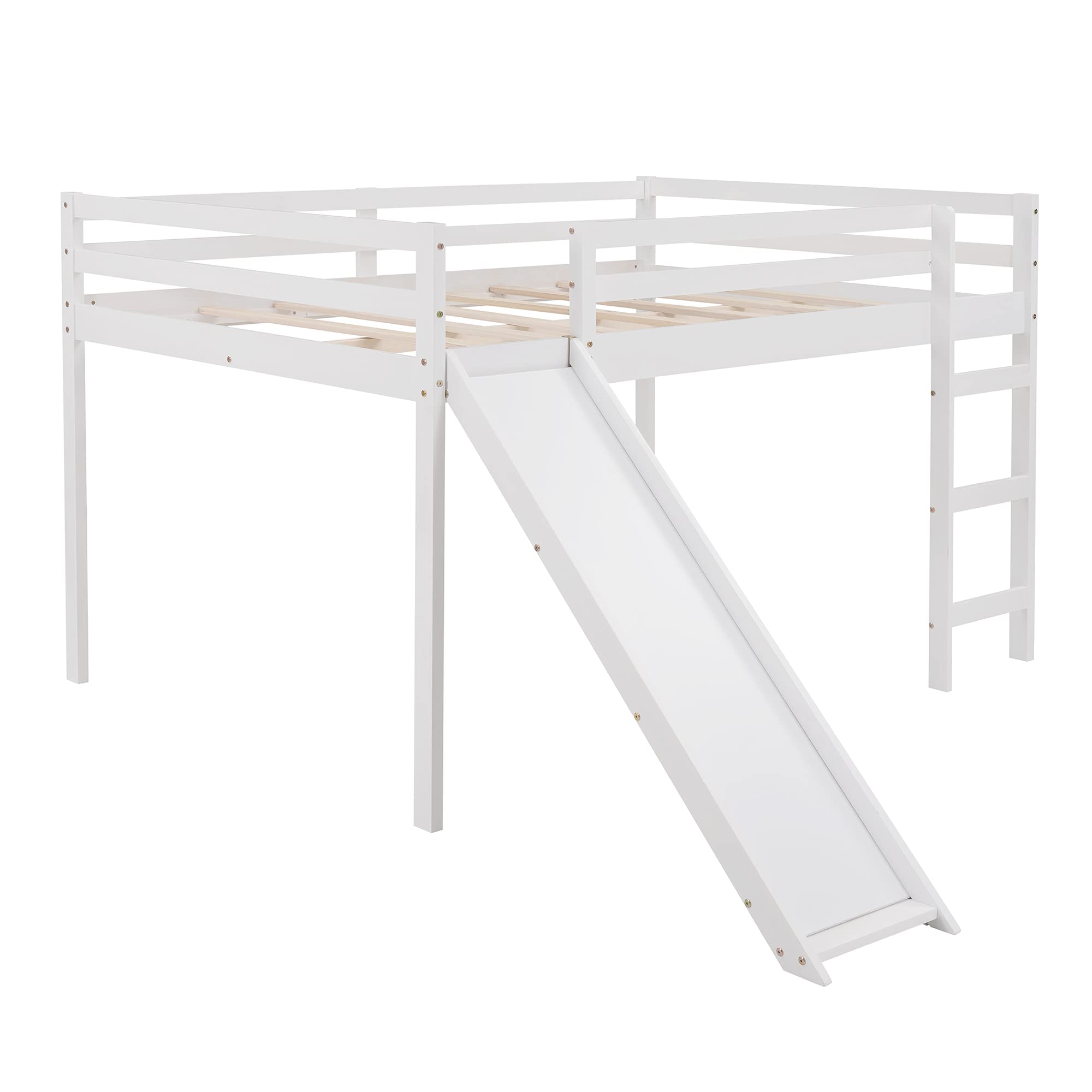 P PURLOVE Full Size Wooden Loft Bed with Slide - Sturdy Twin Loft Bed Frame for Kids & Teens, No Box Spring Required (White) | Space-Saving Bedroom Furniture for Small Rooms, Dorm & Playroom