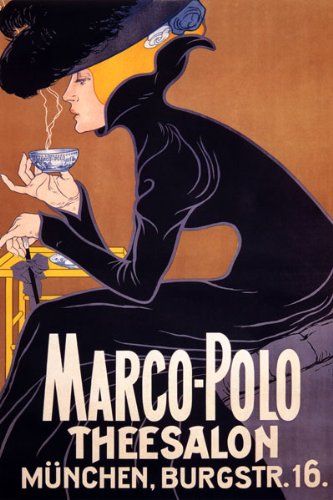 Vintage Marco Polo Theesalon Munchen Girl Drinking Coffee & Hot Chocolate Poster Reproduction on Canvas - Retro Wall Art for Living Room, Cafe & Office Decor