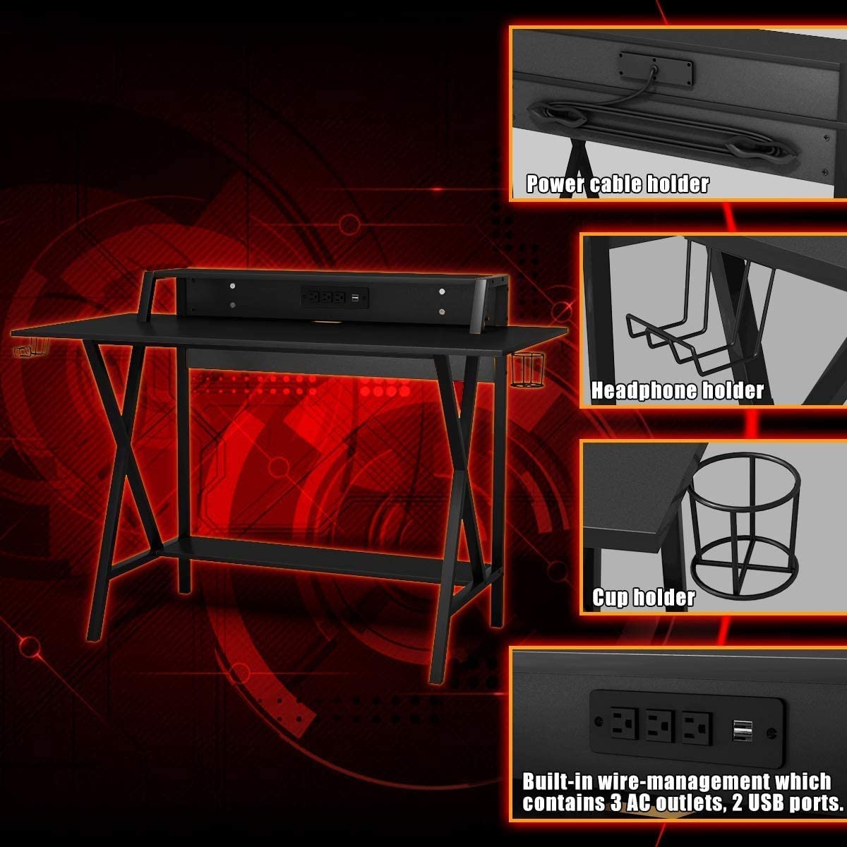BUSHLY Gaming Desk - 55 Inch Black Computer Desk with Cup Holder, Headphone Hook & Cable Management | Ergonomic Home Office Desk for Gamers & Professionals | Perfect for Streaming, Video Editing & Remote Work