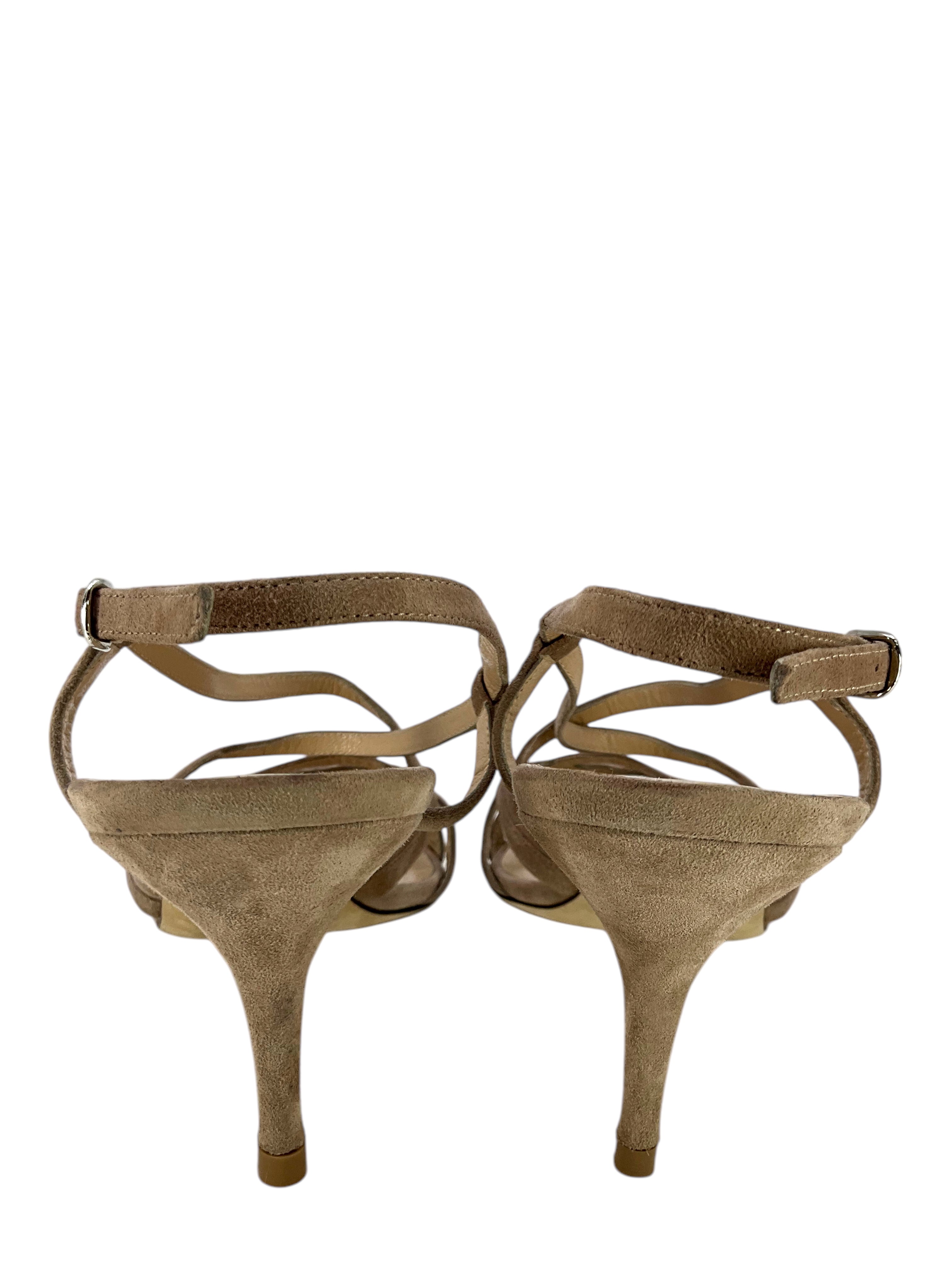 MANOLO BLAHNIK Women's Strappy Suede Sandals Size 8.5 - Luxury High Heel Dress Shoes for Weddings, Parties & Evening Events