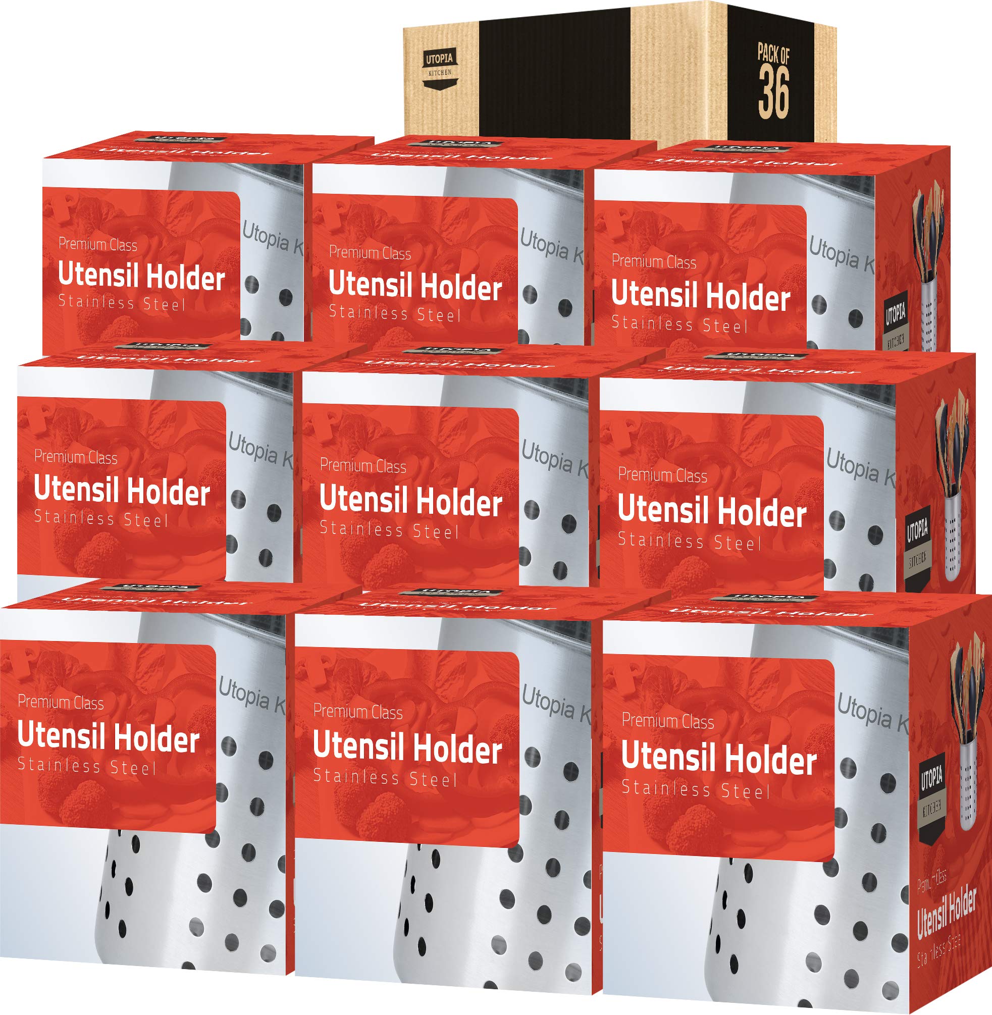Utopia Kitchen Stainless Steel Cooking Utensil Holder - 5 x 5.3 Inches (Bulk Pack of 36) - Perfect for Organizing Spoons, Spatulas & Kitchen Tools in Restaurants, Home Kitchens & Food Trucks