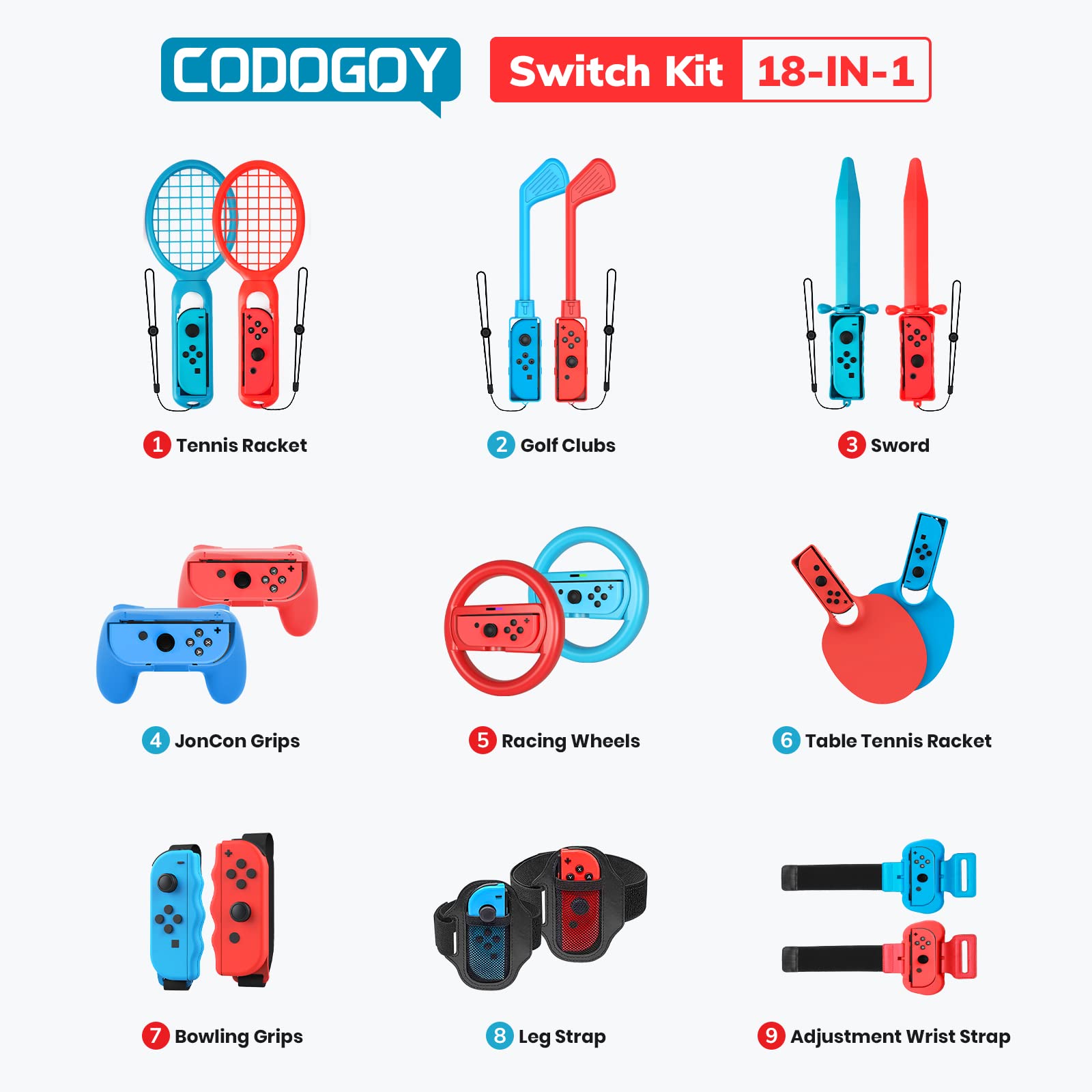 CODOGOY 18-in-1 Nintendo Switch Sports Accessories Bundle - Compatible with Switch & Switch OLED for Multiplayer Sports Games | Perfect for Family Game Nights & Party Entertainment