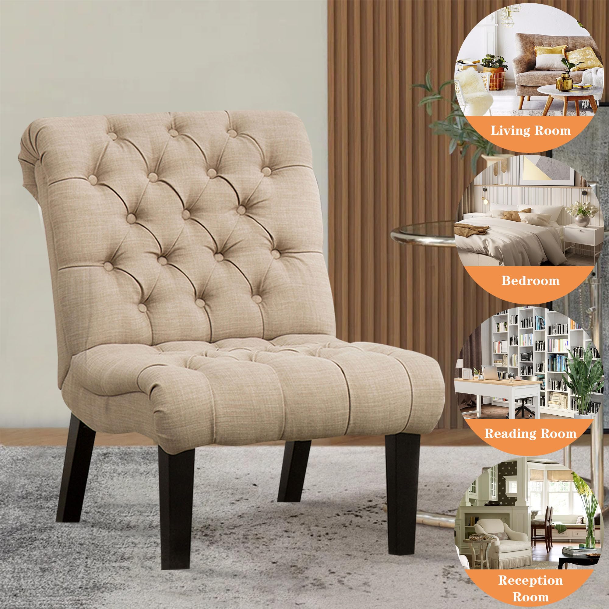 2-Piece Modern Accent Chair Set - Upholstered Tufted Armless Lounge Chairs with Wooden Legs for Living Room, Bedroom & Office - Khaki Fabric Recliner Sofa Chairs - Perfect for Small Spaces, Reading Nooks & Guest Seating