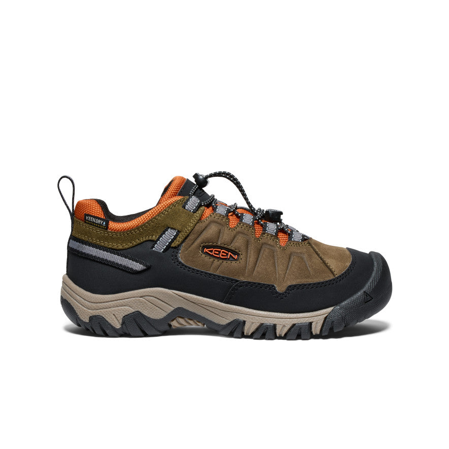 **Big Kids' Targhee IV Waterproof Hiking Shoes - Dark Olive/Gold Flame | Durable & Comfortable for Outdoor Adventures**    **使用场景:** Perfect for hiking, camping, and outdoor exploration, these waterproof shoes keep kids' feet dry and comfortable on any terrain.
