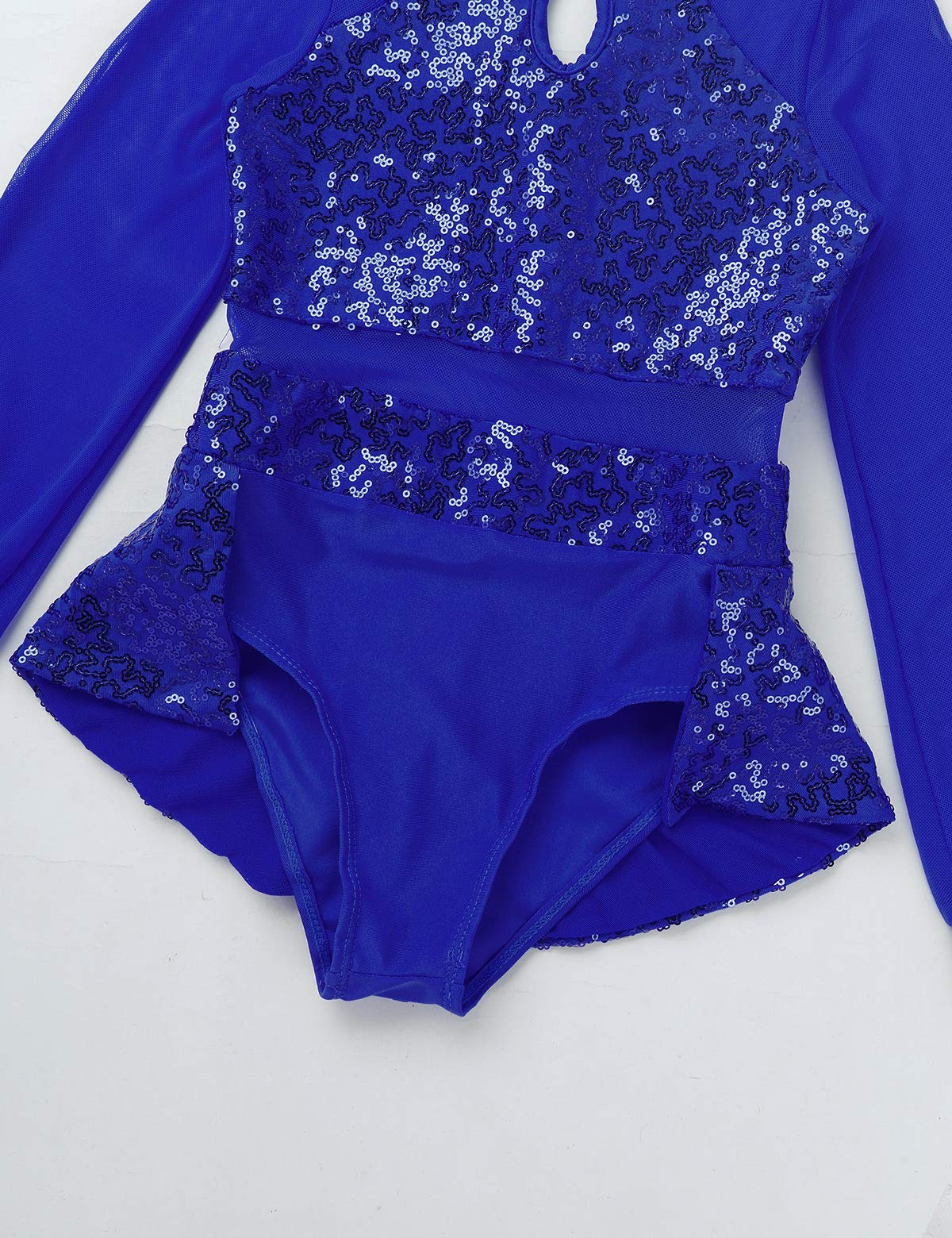 Kids Girls Mock Neck Sequins Keyhole Tulle Split Long Sleeves Ballet Leotard Dance Jumpsuit - Gymnastics Performance, Recital Costume, Stage Show Outfit