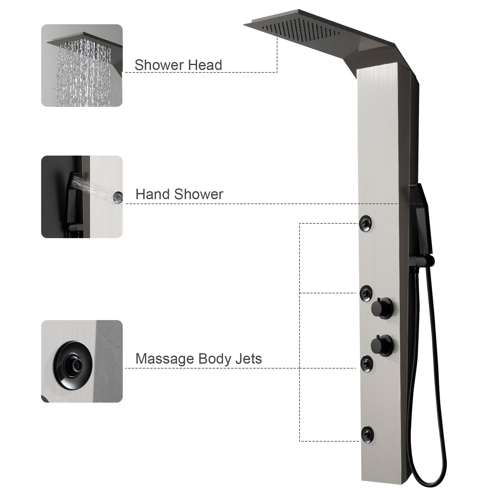 Premium 3-in-1 Stainless Steel Shower Panel Tower System with Rainfall Shower Head, Body Jets & Handheld Spray - Brushed Nickel Wall-Mount Shower Column for Luxurious Spa-Like Bathroom Experience