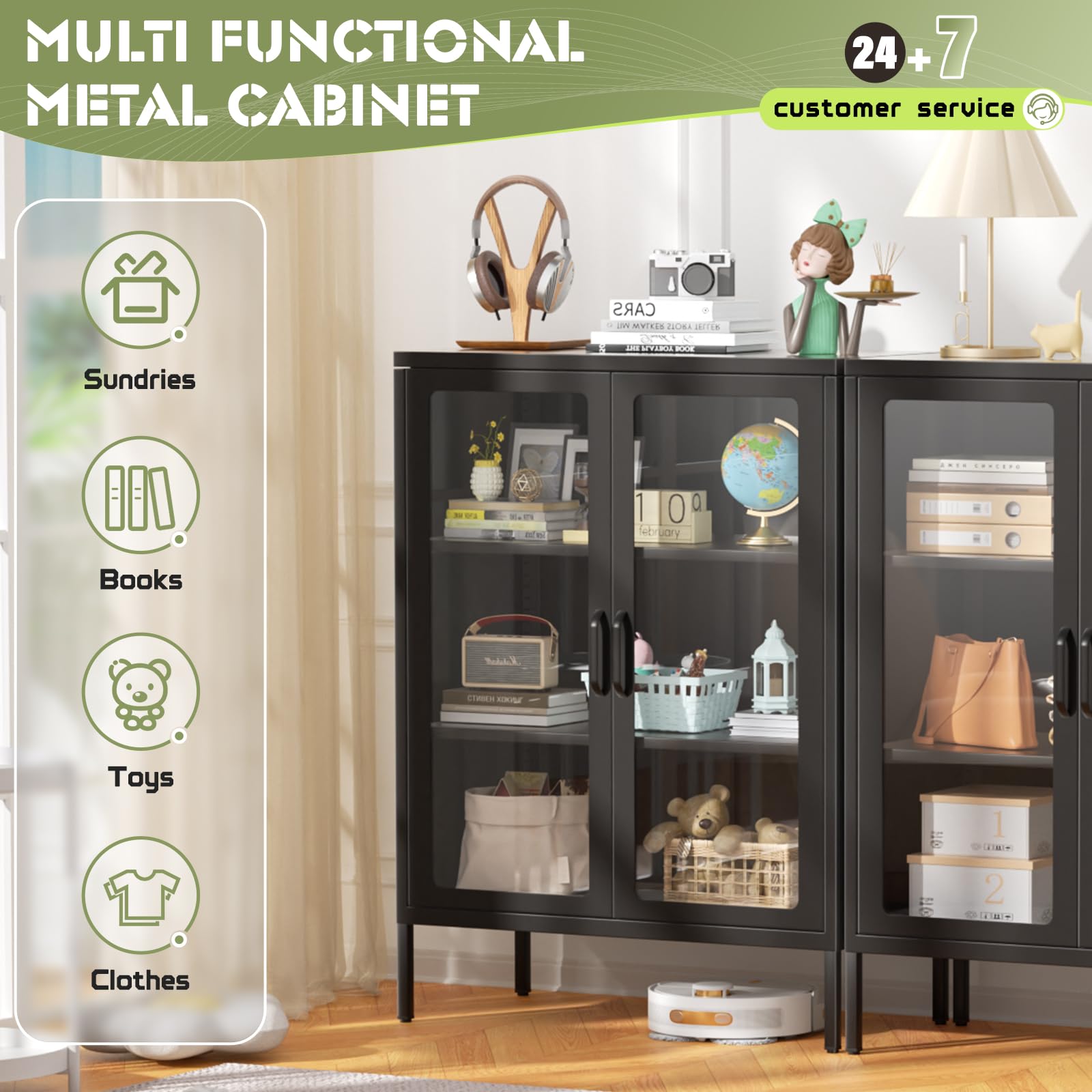 Betterland Black Metal Storage Cabinet with 2 Glass Doors & 2 Shelves - Lockable Curio Display Cabinet for Home, Pantry, Kitchen | Perfect for Showcasing Collectibles, Storing Spices & Organizing Kitchen Supplies