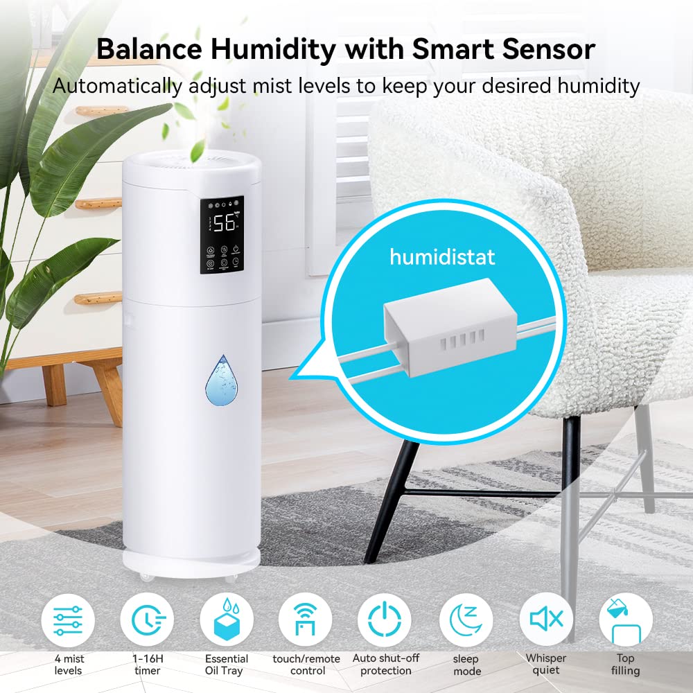 17L/4.5Gal Large Room Humidifier for Home & Office - 2000 sq.ft Coverage with 360° Nozzle & Extension Tube - 4 Speed Mist Settings for Bedroom, Greenhouse & Commercial Spaces - Top Fill Whole House Humidifier for Plants & Dry Air Relief