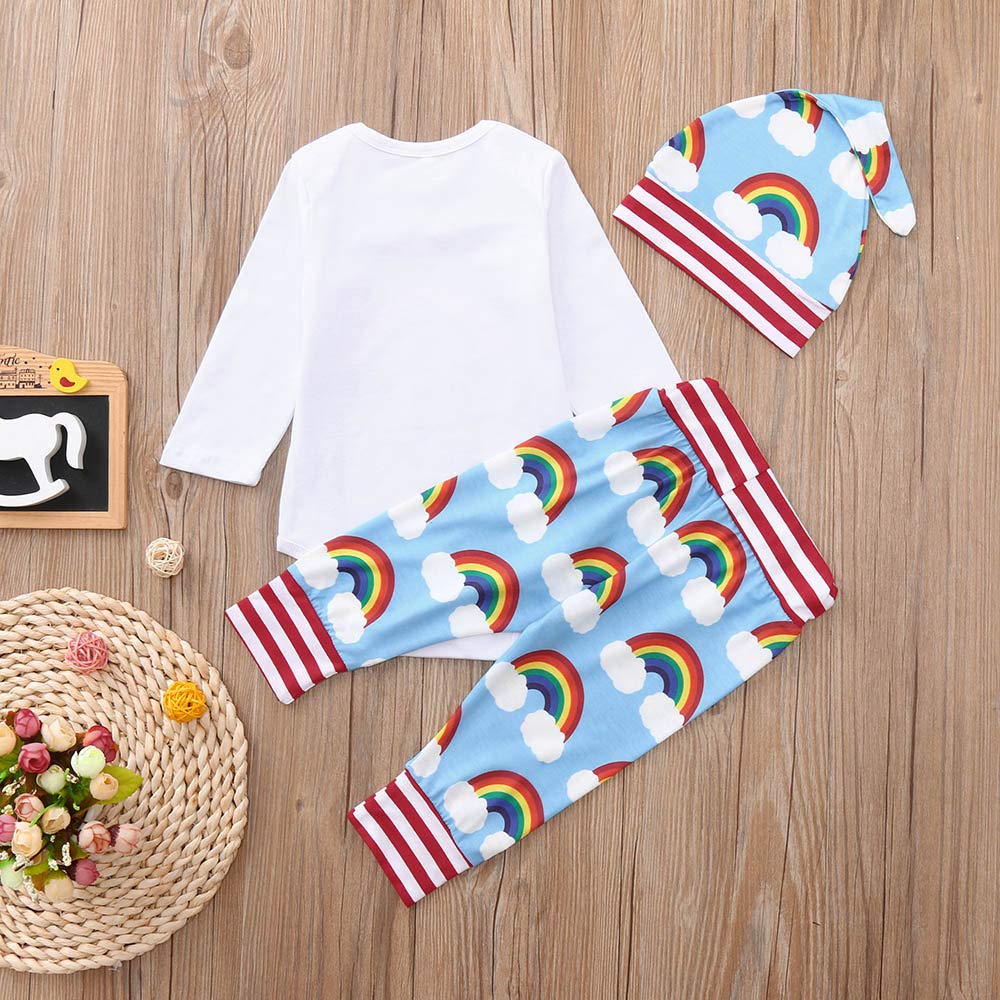 Newborn Baby Girl Boy Rainbow Romper Outfit Set - Soft Cotton Jumpsuit with Pants & Hat - Fall Winter Clothing (White, 0-3 Months) - Perfect for Photoshoots, Family Gatherings & Daily Wear