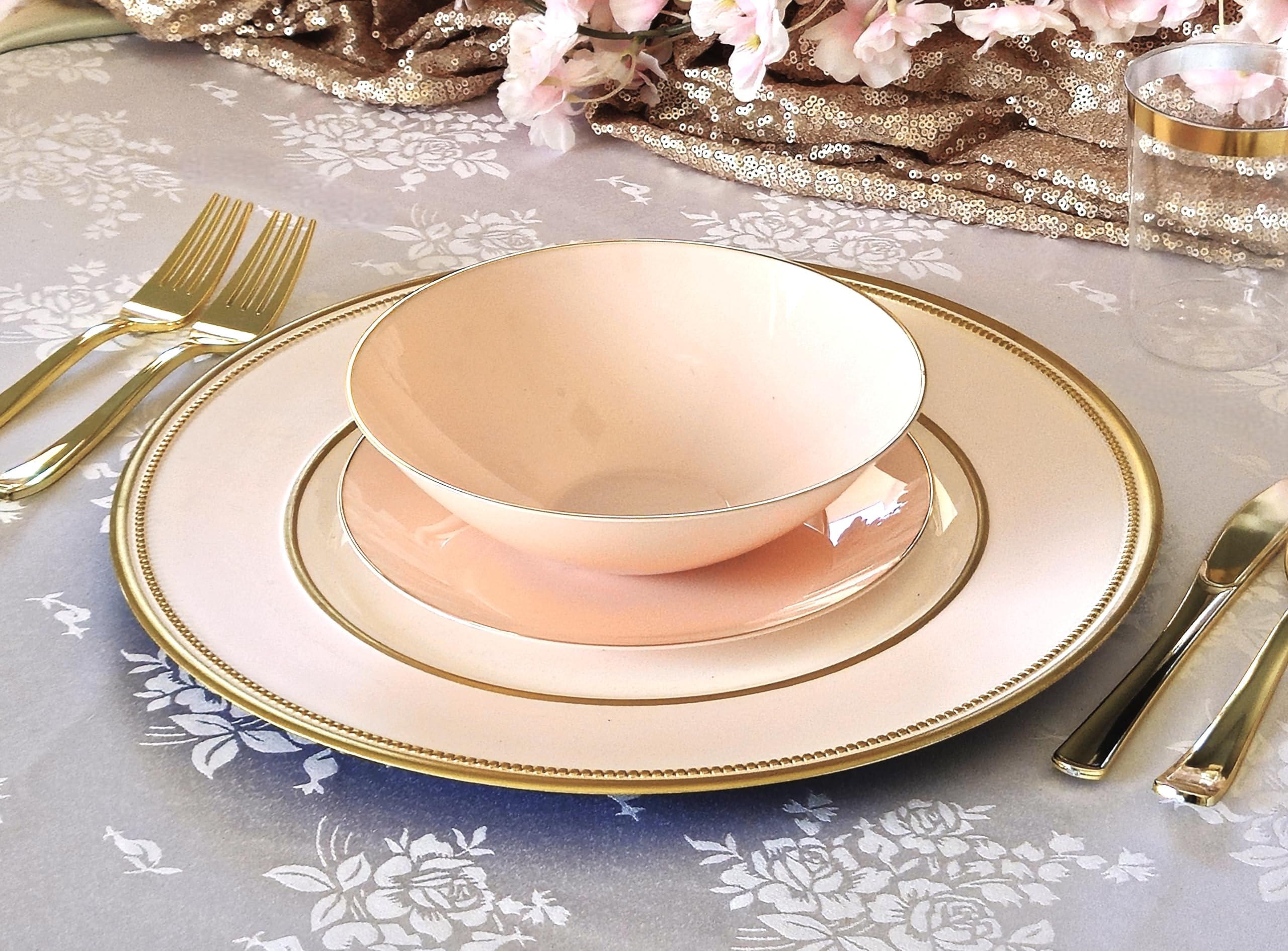 240-Pack Disposable Plastic Plates for Weddings & Parties – 7.5'' Appetizer/Dessert Plates in Bali Blush & Gold – Perfect for Birthday Celebrations, Bridal Showers, and Catering Events