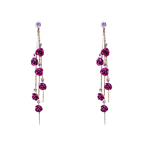 3D Rose Flower Crystal Tassel Earrings-Violet