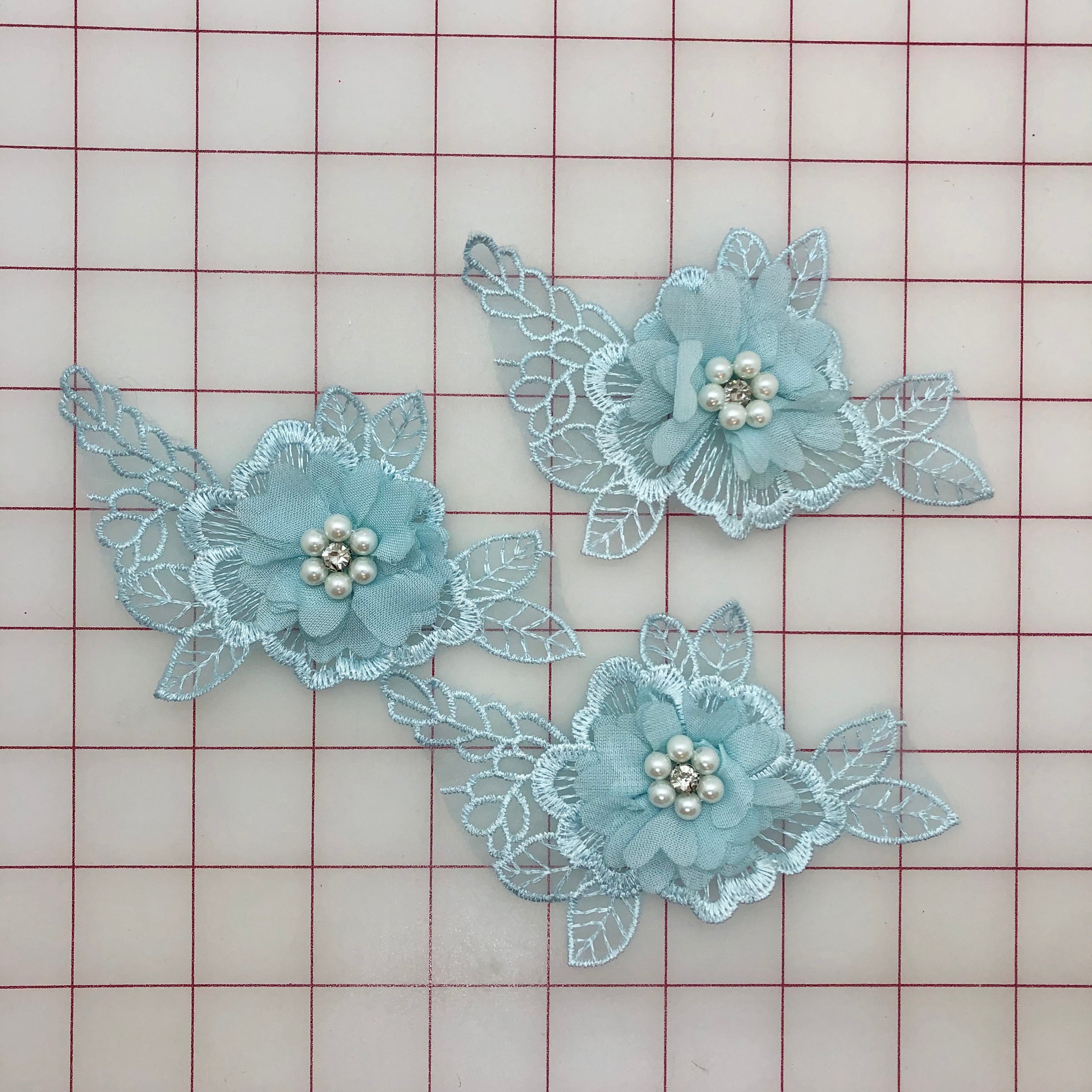 3D Lace Flower Appliques - Light Blue Embroidered Motifs for DIY Crafts, Wedding Decor, and Costume Design