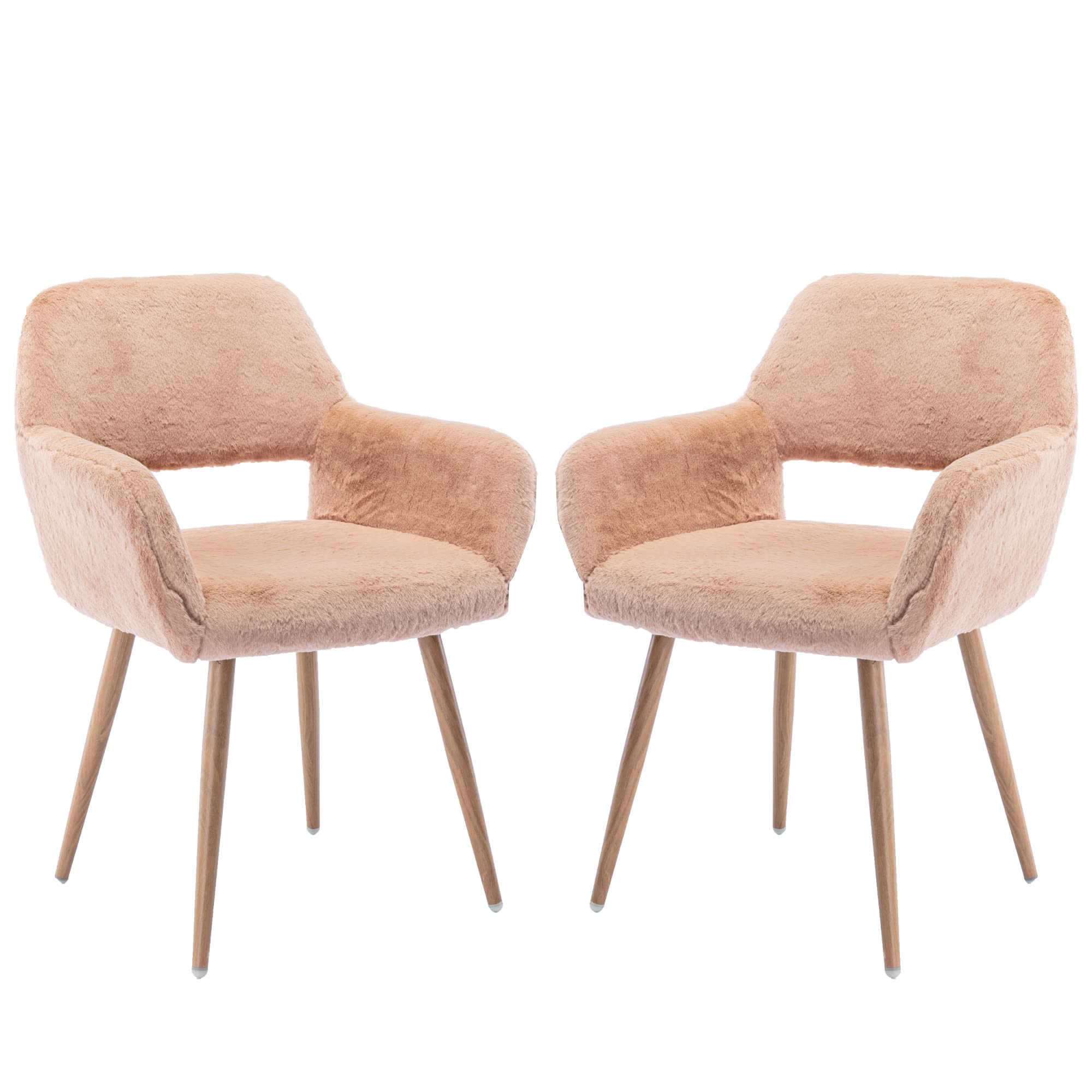 Mid-Century Modern Faux Fur Desk Chair Set of 2 - Comfy Accent Armchair with Wood-Look Metal Legs for Teen Girls, Living Room, Home Office & Vanity Makeup Station - Camel Color No-Wheel Design (Perfect for Cozy Workspaces & Stylish Home Decor)