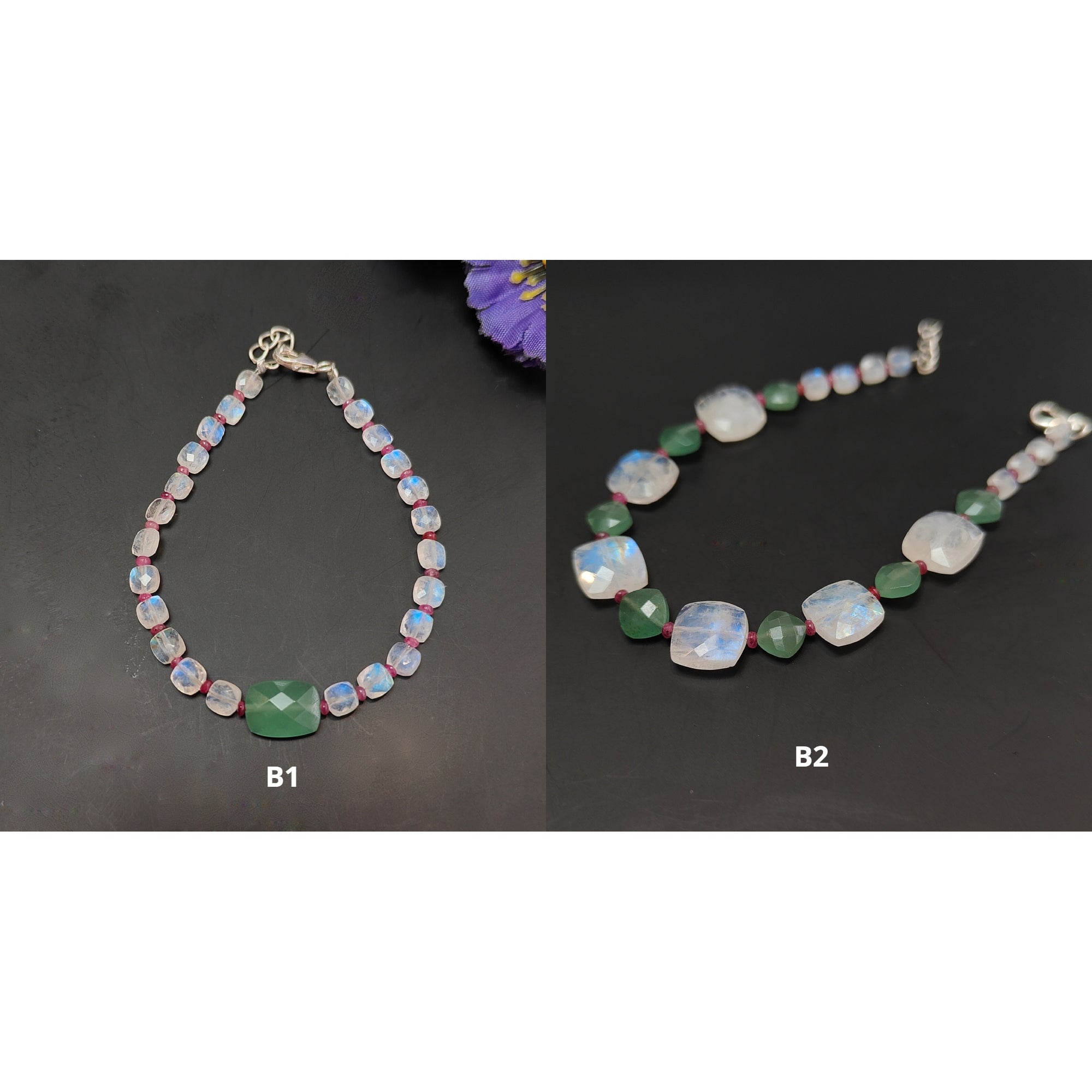 Green Quartz Rainbow Moonstone Red Ruby 925 Sterling Silver Beaded Bracelet - Gemstone Beads Briolette Checker Cut for Women's Jewelry, Healing Crystal, Meditation & Spiritual Gifts