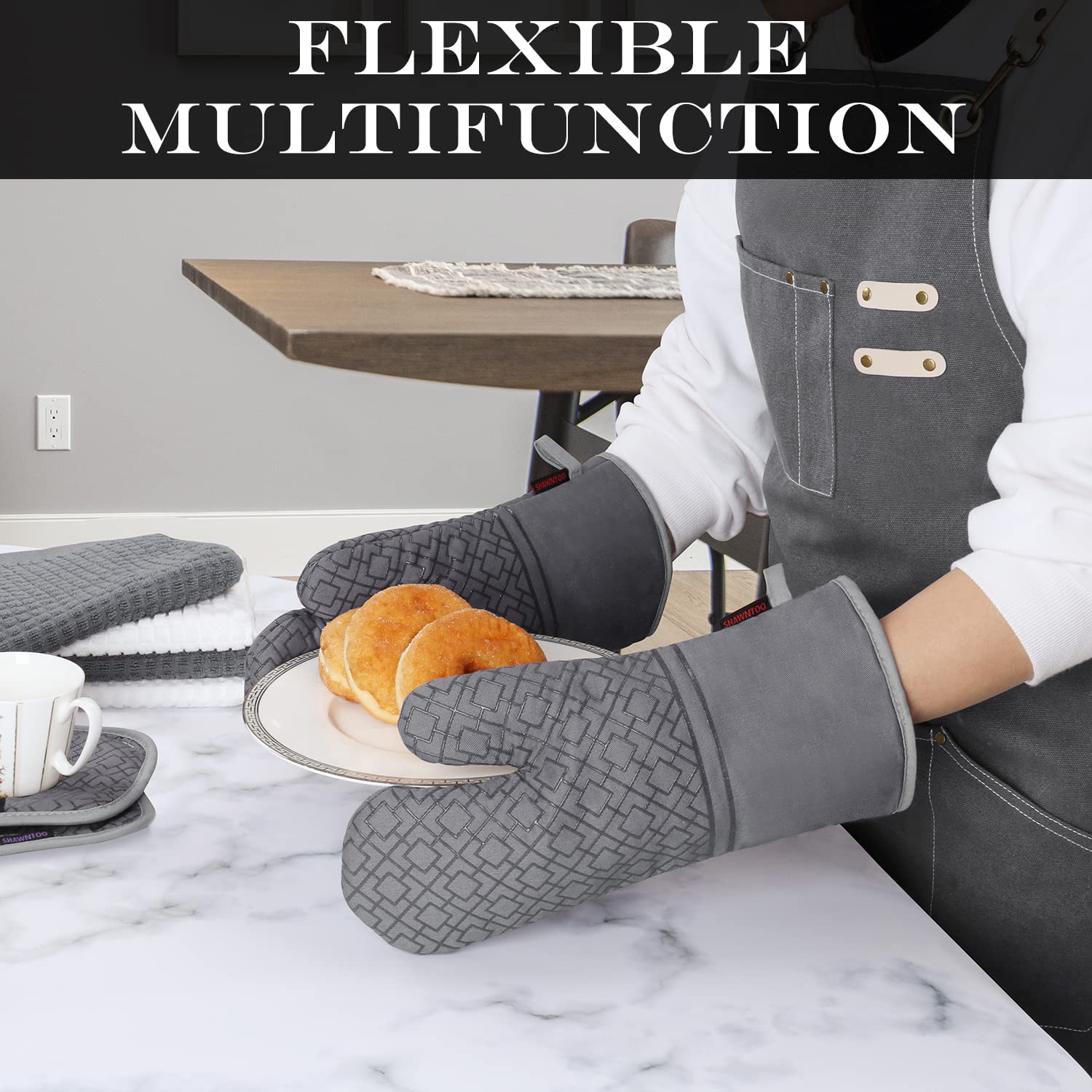 6-Piece High Heat Resistant Oven Mitts and Pot Holders Set - 550°F Extra Long Kitchen Gloves with Non-Slip Silicone Surface for Baking, Grilling & Cooking - Perfect for Home Essentials (Grey)