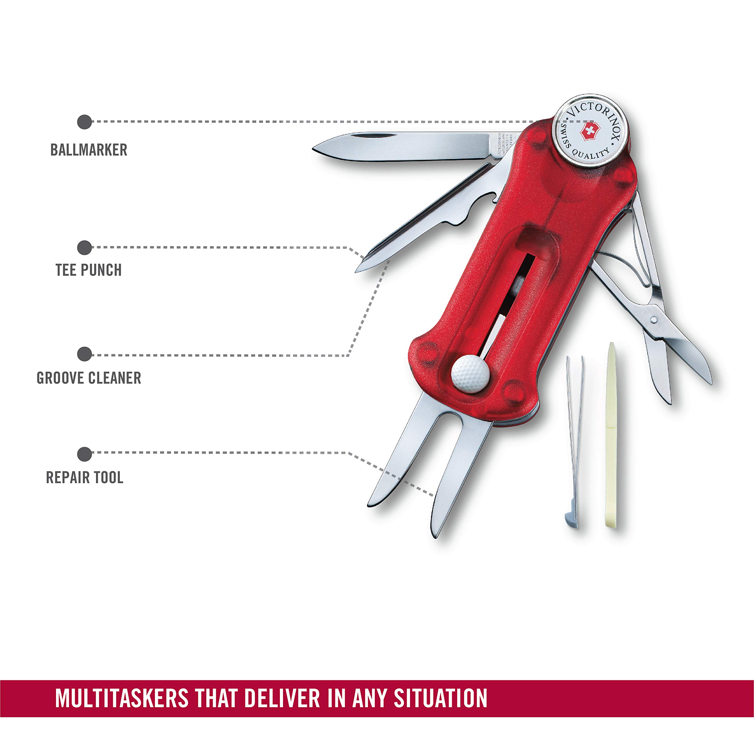 Victorinox Swiss Army Golf Multi-Tool with Stainless Steel Blades & Red Polyamide Handle - Compact Golf Accessories for On-Course Repairs & Outdoor Adventures