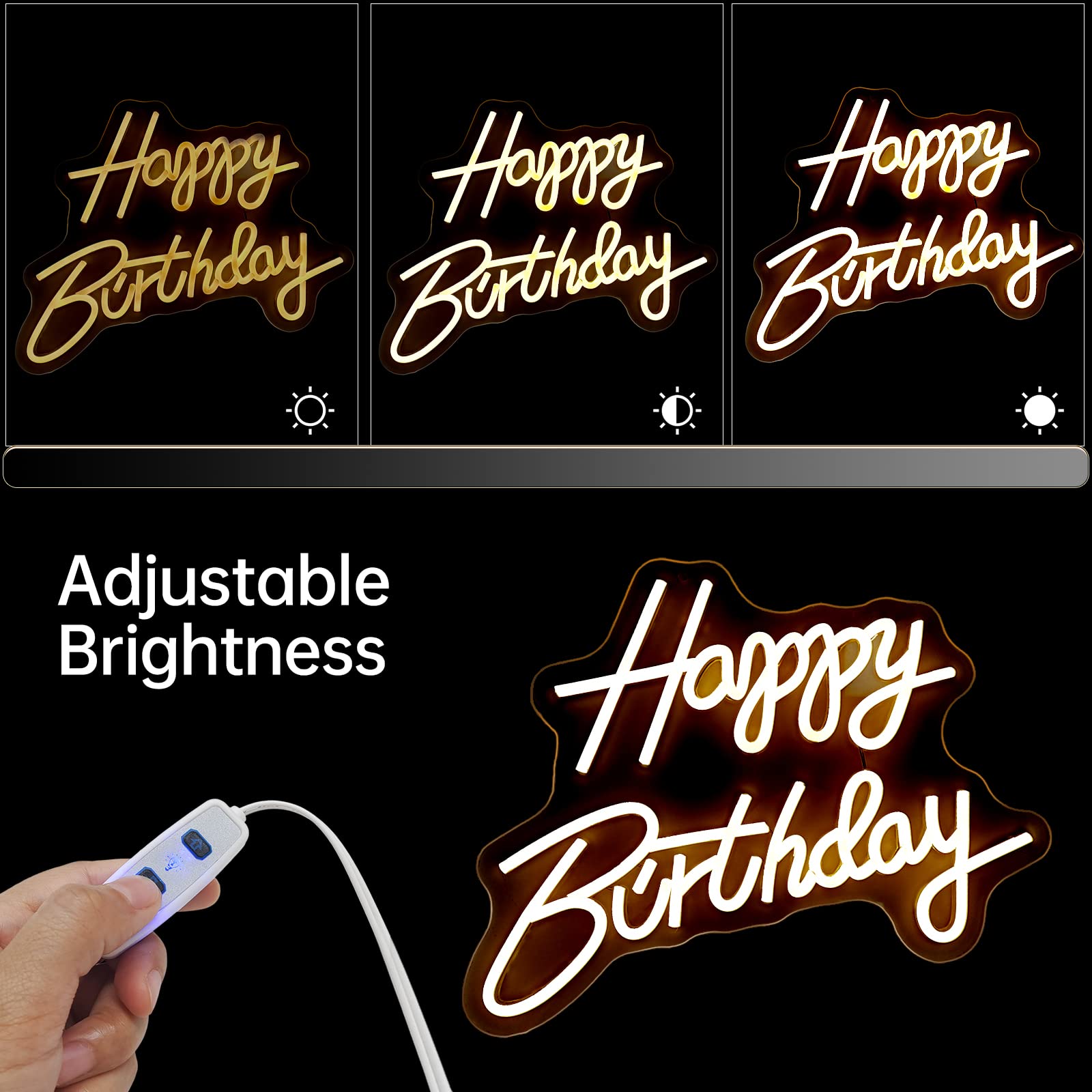 Happy Birthday Neon Sign - LED Light Up Sign for Party Decorations - 16.5x12 Inch Warm White USB Powered Wall Decor - Perfect for Birthday Backdrops, Home Parties & Celebrations (Plug Not Included)