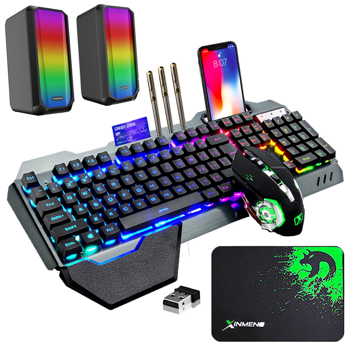 Wireless Gaming Keyboard and Mouse Combo with RGB Backlit, Wired Computer Speakers, Rechargeable Battery, Ergonomic Design - Waterproof, Dustproof, Mechanical Keys for PC, Laptop Gamers (Black) - Perfect for Gaming, Office Work, and Home Entertainment