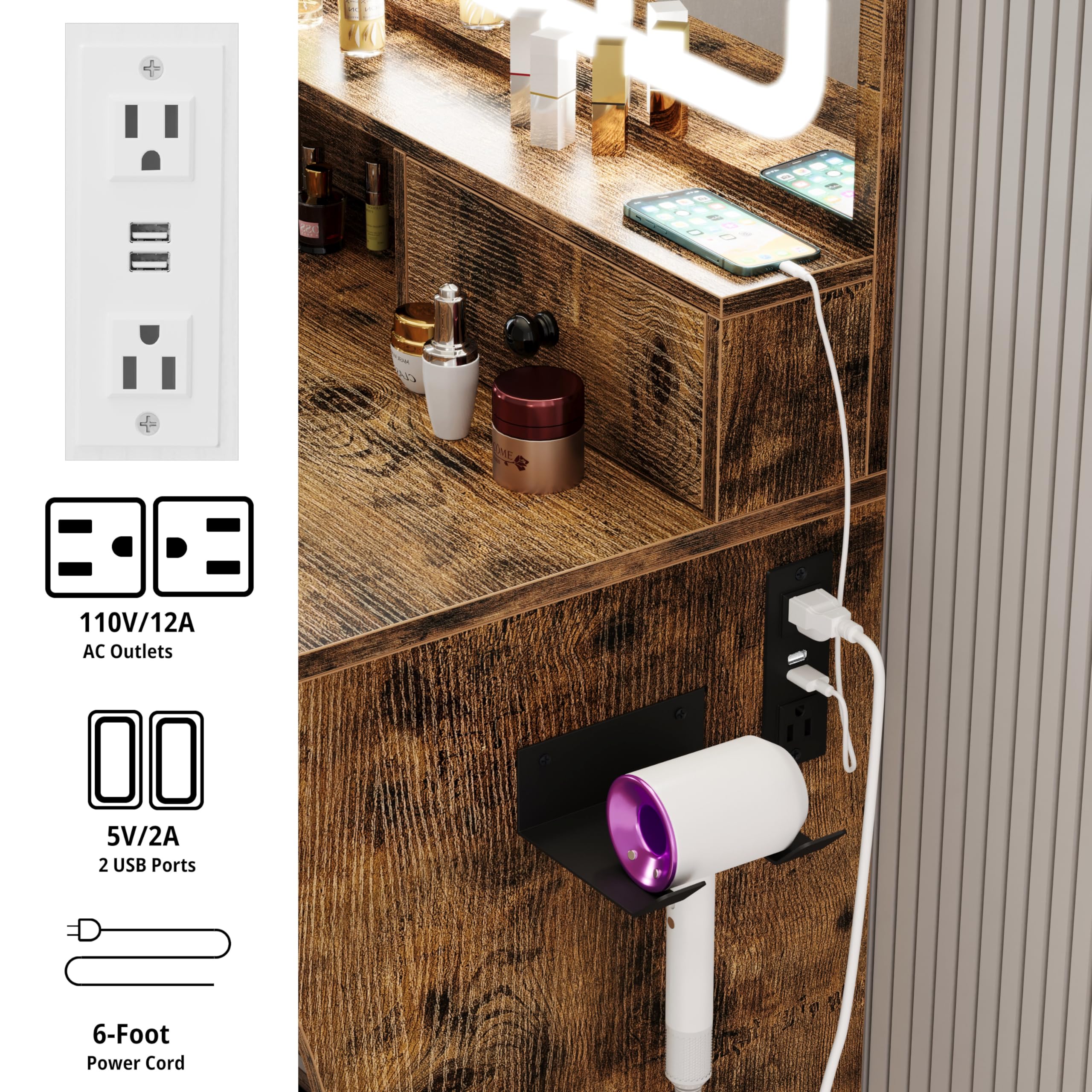 LIKIMIO Vanity Desk with LED Lighted Mirror, Power Outlet, 4 Drawers & Stool - Vintage Brown Dressing Makeup Table Set with Hair Dryer Stand | Perfect for Bedroom, Bathroom & Salon Organization