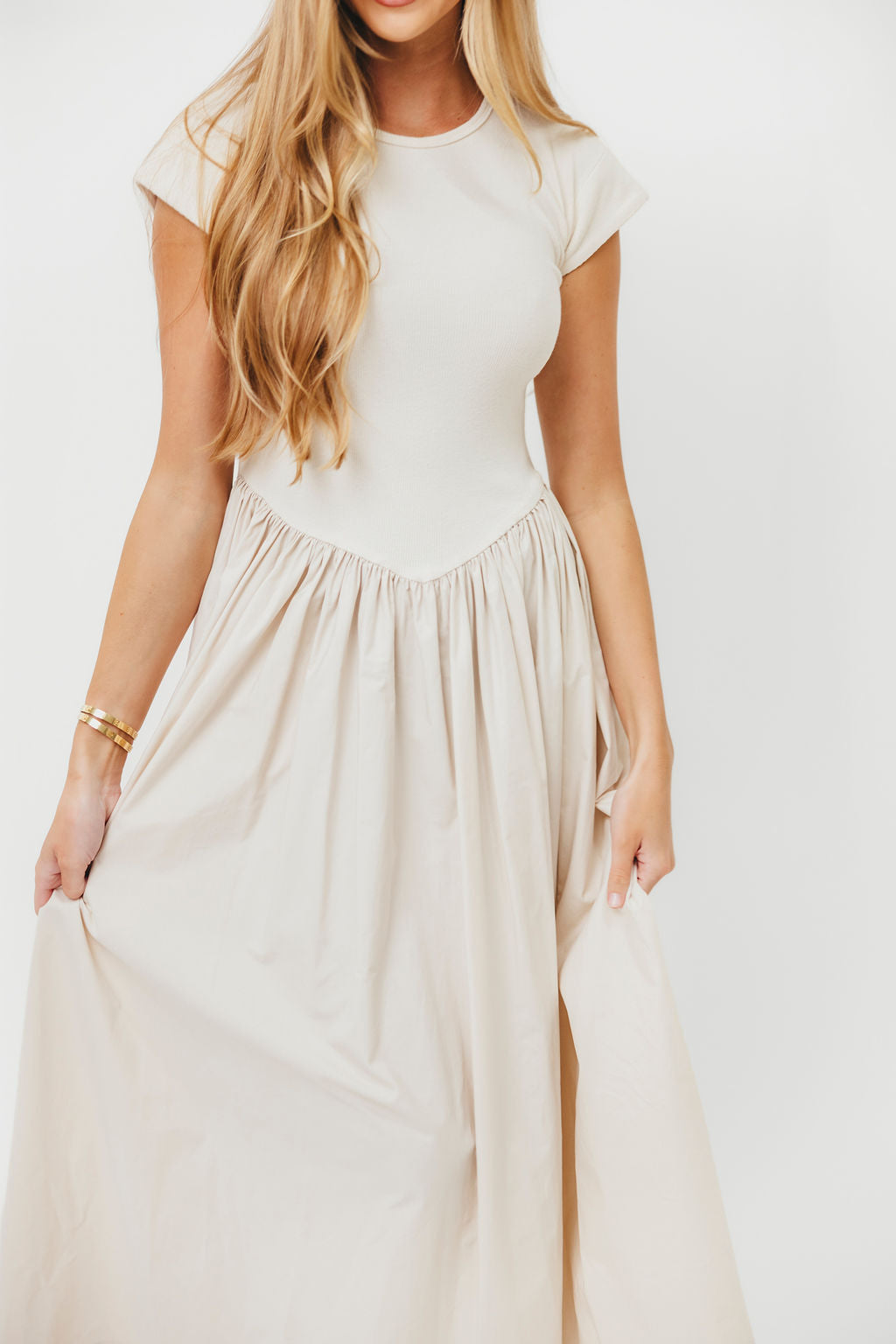 Dolores Women's Ribbed Knit and Woven Skirt Combo Dress in Cream | Elegant Two-Piece Outfit for Casual Wear, Office, and Special Occasions