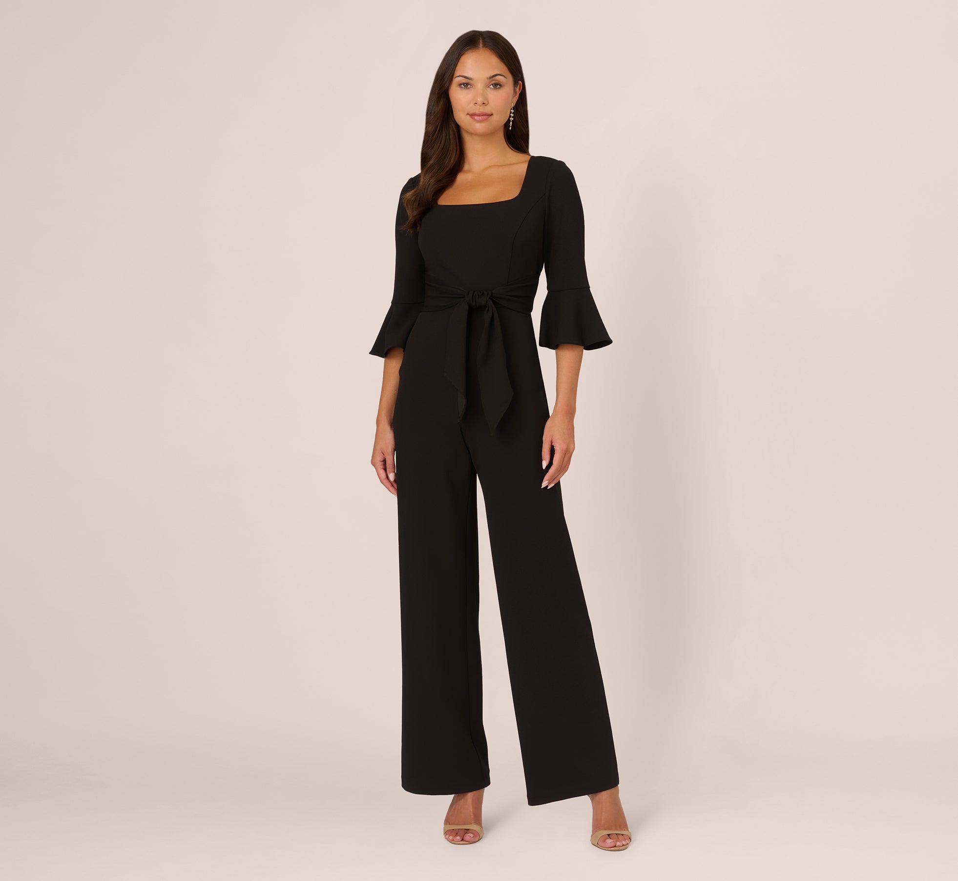 Black Knit Crepe Wide Leg Jumpsuit with Bell Sleeves - Stylish Women's Romper for Casual Wear, Date Night & Vacation Outfits