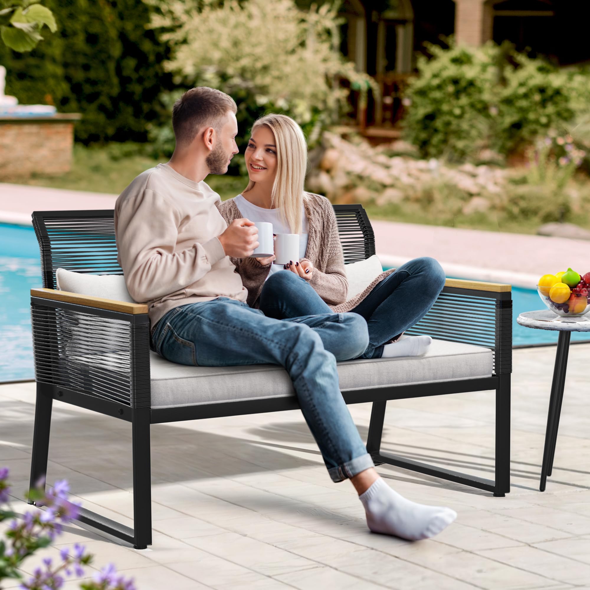 YITAHOME All-Weather Wicker Patio Loveseat with Wooden Armrest & Soft Cushion - Outdoor Furniture for Backyard, Balcony, Deck - Perfect for Relaxing, Entertaining & Lounging (Black)