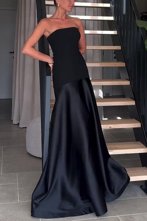 Timeless Elegance Satin Patchwork Strapless Flare Gown Maxi Dress for Women | Formal Evening Gown for Prom, Wedding, Red Carpet Events