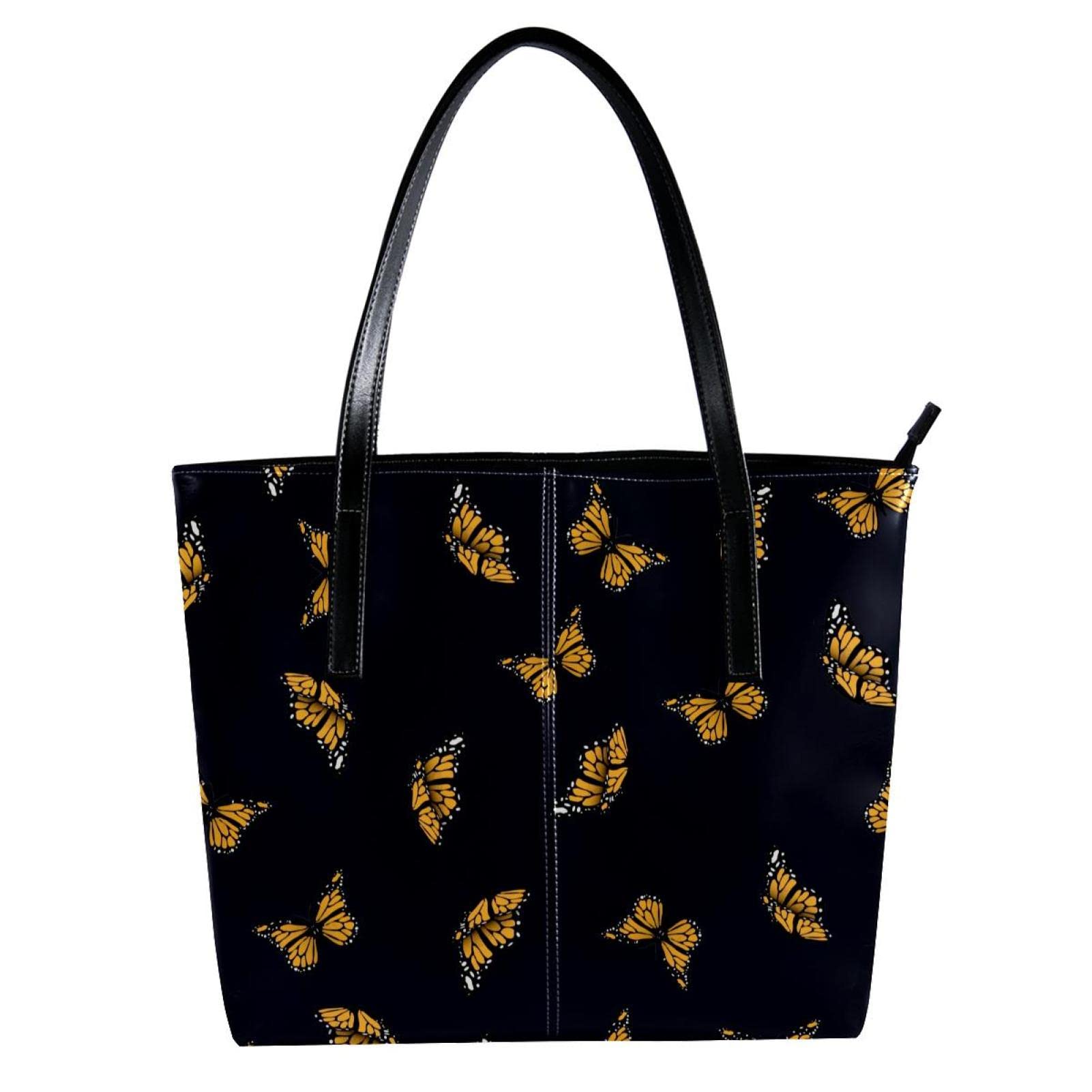 DEYYA Women's Leather Handbag - Large Capacity Top Handle Satchel Bucket Shoulder Bag with Yellow Butterfly Design (Black) - Perfect for Work, Travel & Everyday Use