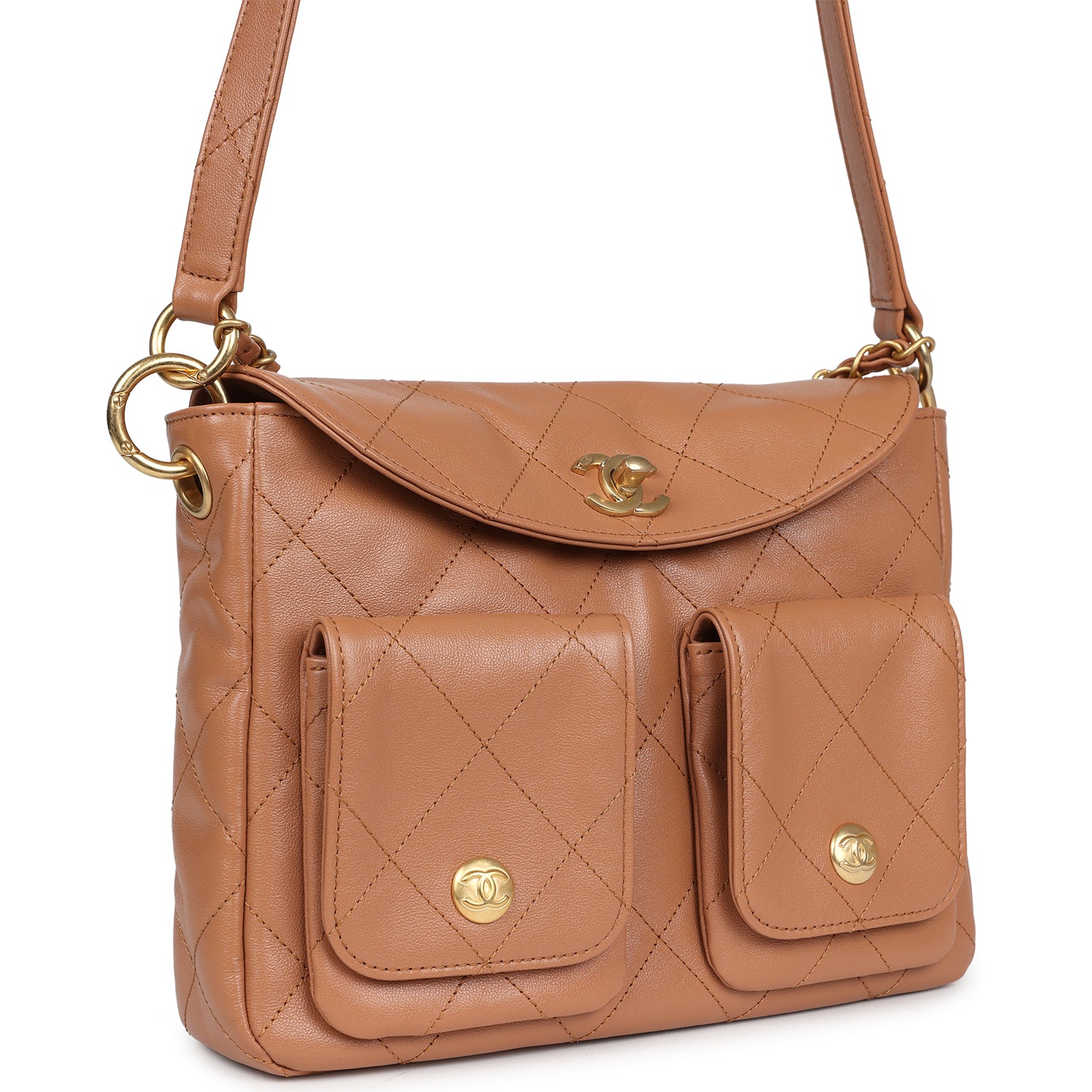 Chanel Double Pocket Hobo Bag in Caramel Shiny Calfskin with Brushed Gold Hardware - Luxury Shoulder Bag for Women, Perfect for Work, Travel and Everyday Use