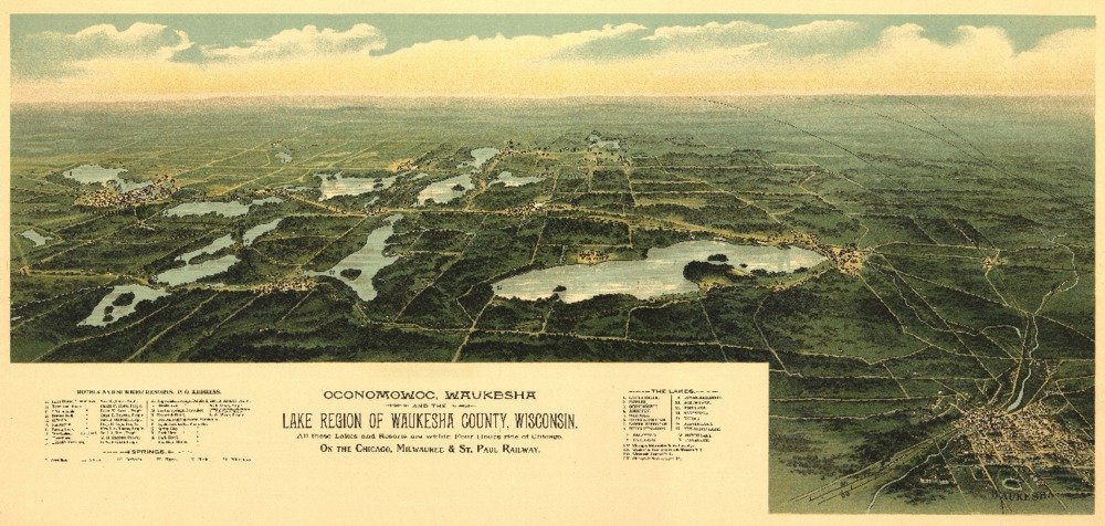 Vintage 1890 Oconomowoc Waukesha Wisconsin Panoramic Map - 12x18 Wall Art Poster for Home & Office Decor - Perfect for Living Room, Study or Gift