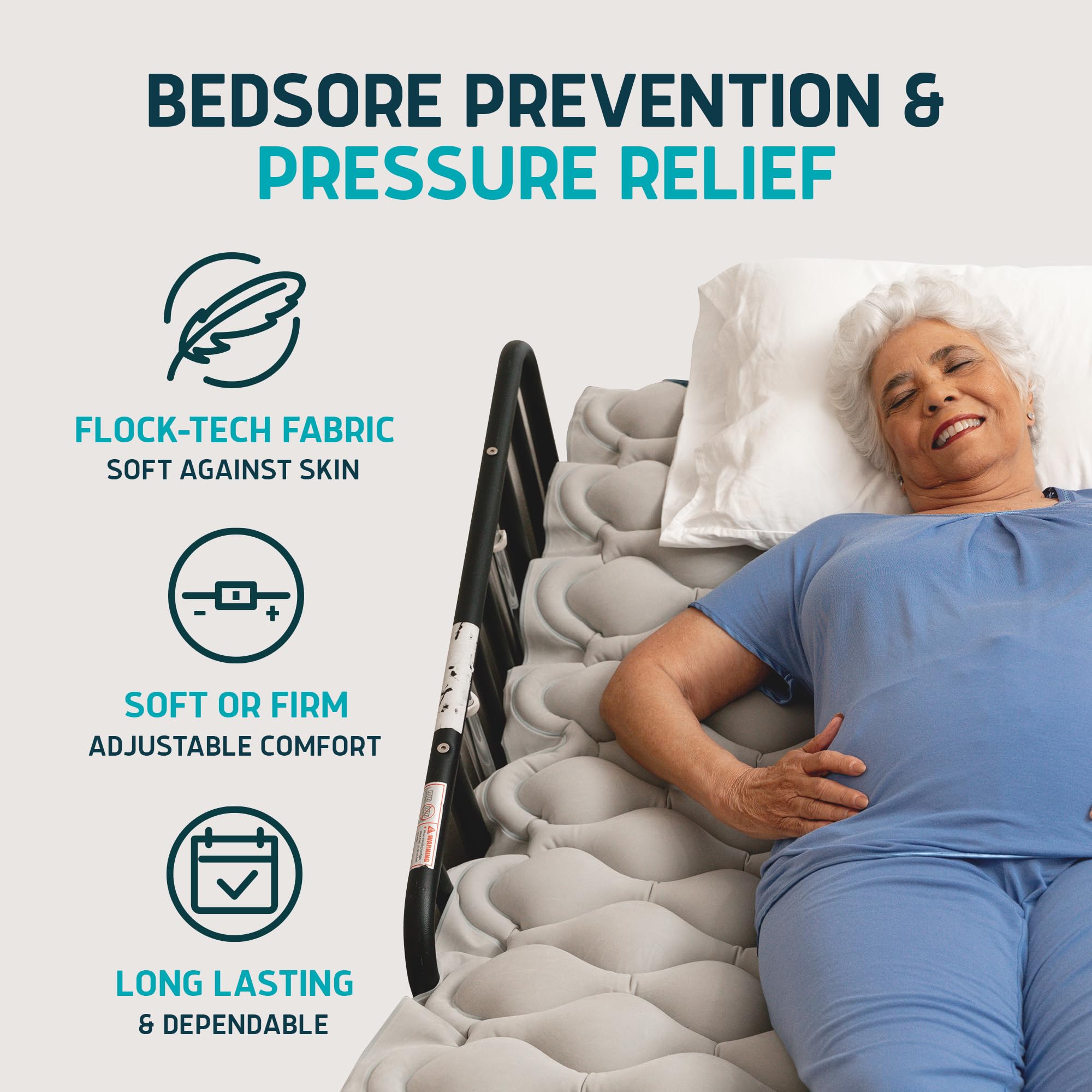 Lunderg Alternating Air Pressure Mattress Pad with Static Mode & Flocking - Doctor Recommended Bed Sore Prevention Mattress Topper for Hospital & Home Use - Ultra Quiet Pump - Ideal for Elderly Care, Post-Surgery Recovery & Pressure Ulcer Relief