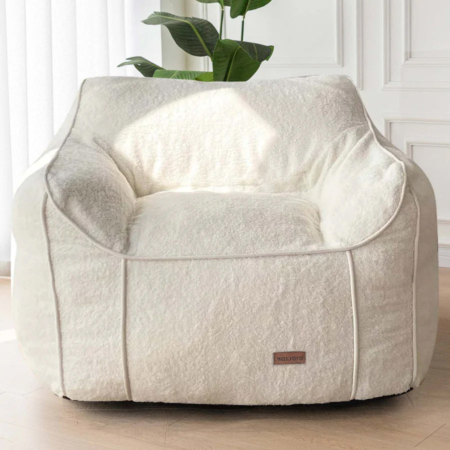 MAXYOYO Oversized Bean Bag Chair for Adults - Extra Large Fluffy Lounger with Decorative Stitching - Soft White Faux Fur Living Room Couch - Perfect for Relaxing, Gaming & Movie Nights