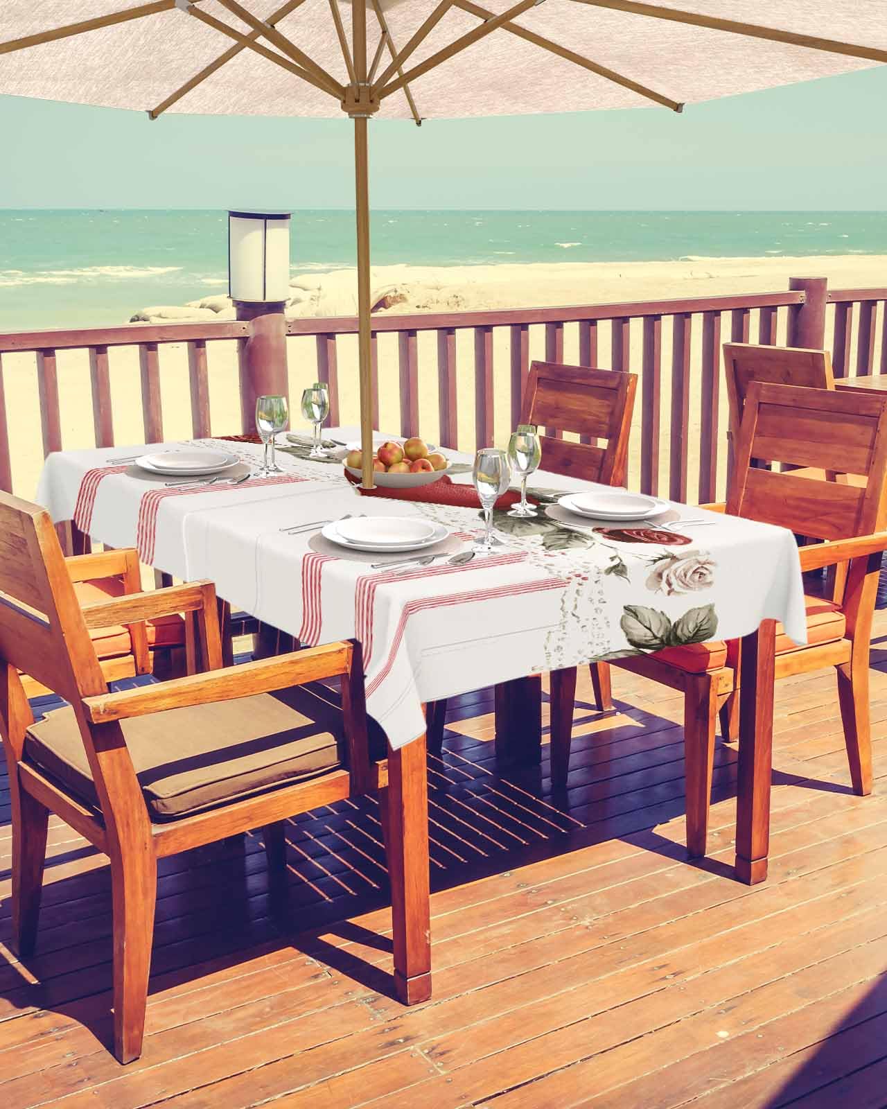 Valentine's Day Red Striped Waterproof Tablecloth with Umbrella Hole & Zipper - Spillproof Rectangular Table Cover for Outdoor Dining, Picnics, Patio Parties and Romantic Dinners