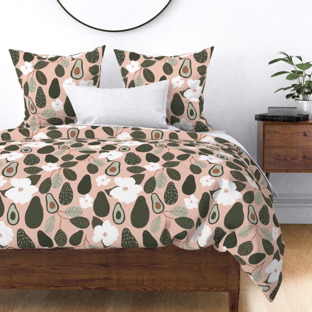 Premium Spoonflower Cotton Sateen Duvet Cover King/California King - Avocado Blossom Floral Print Vintage Modern Bedding Set for Spring Home Decor | Soft Luxury Bedroom Essentials for Master Bedroom & Guest Room