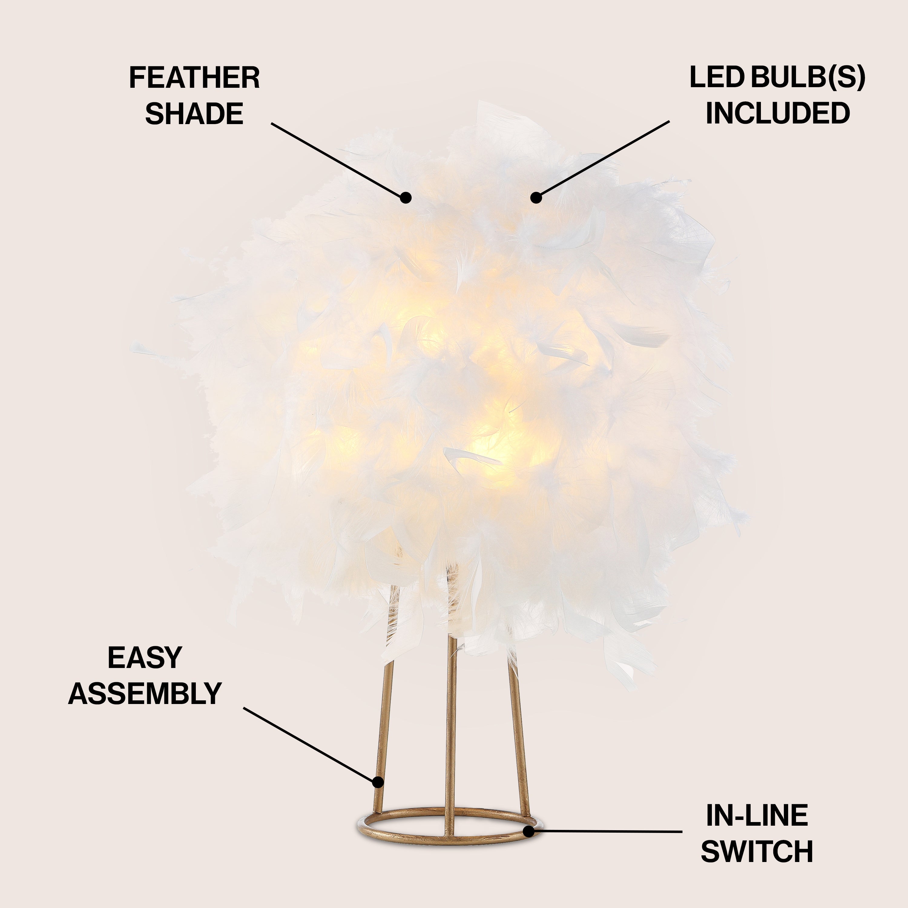 Stork 16 Feather Metal LED Table Lamp - Modern Decorative Lighting for Bedroom, Living Room & Office - Warm White Light, Adjustable Brightness, Energy Efficient
