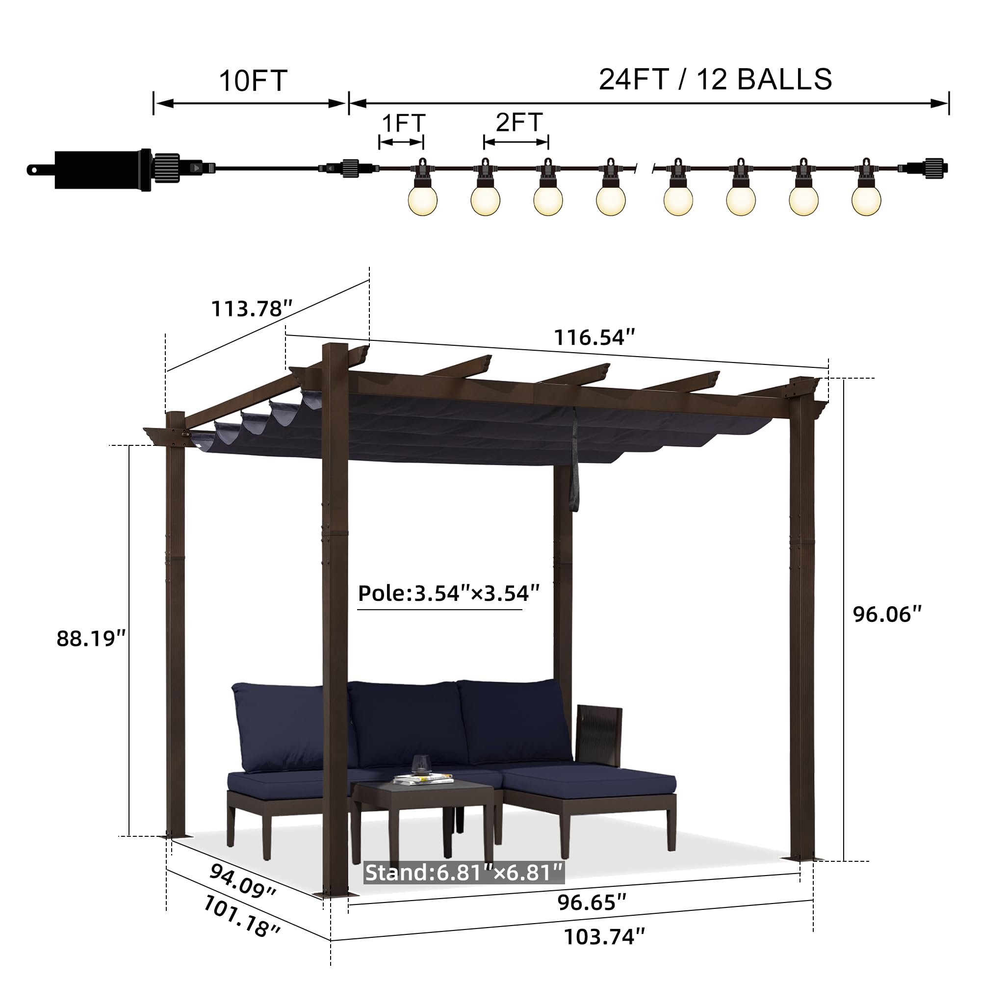 PURPLE LEAF 10x10 FT Retractable Aluminum Pergola with Sun Shade Canopy & 24FT String Lights - Modern Brown Outdoor Shelter for Patio, Garden, Deck (Grape/Navy Blue) | Perfect for Backyard Relaxation & Outdoor Entertaining