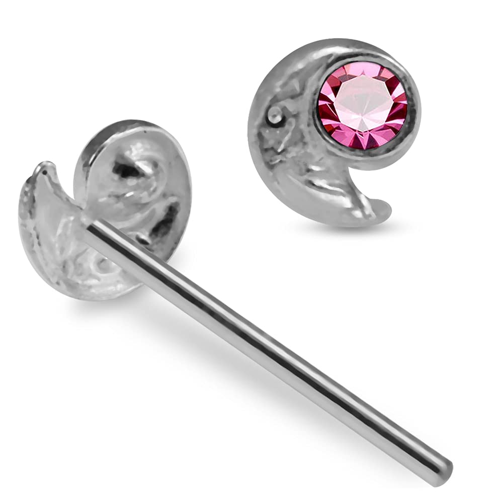 Elegant Jeweled Moon Sterling Silver Straight Nose Pin - Hypoallergenic Body Jewelry for Women | Perfect for Parties, Weddings & Festive Occasions